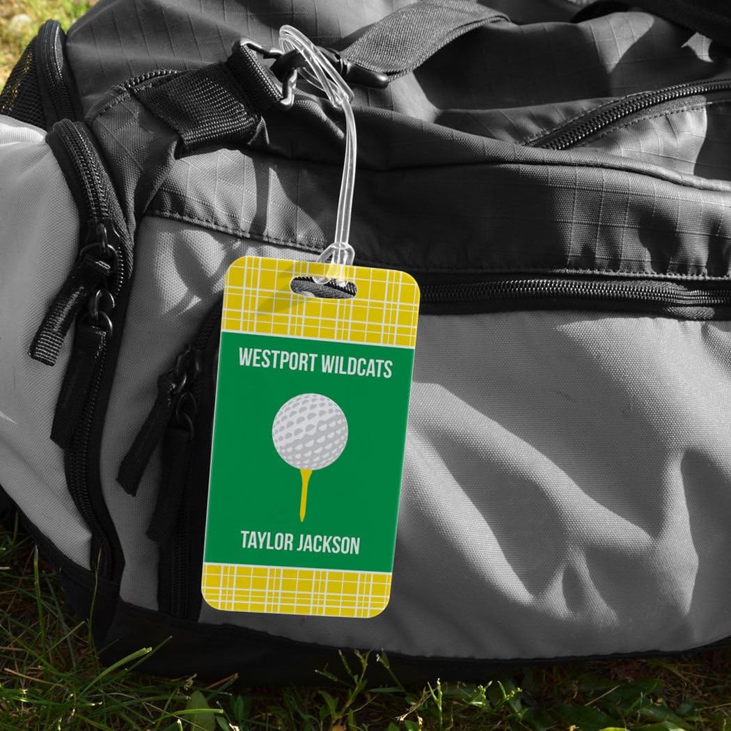 ChalkTalkSPORTS Golf Luggage & Bag Tag | Personalized Team with Golf Ball | Standard Lines on Back | Large | Yellow/Green