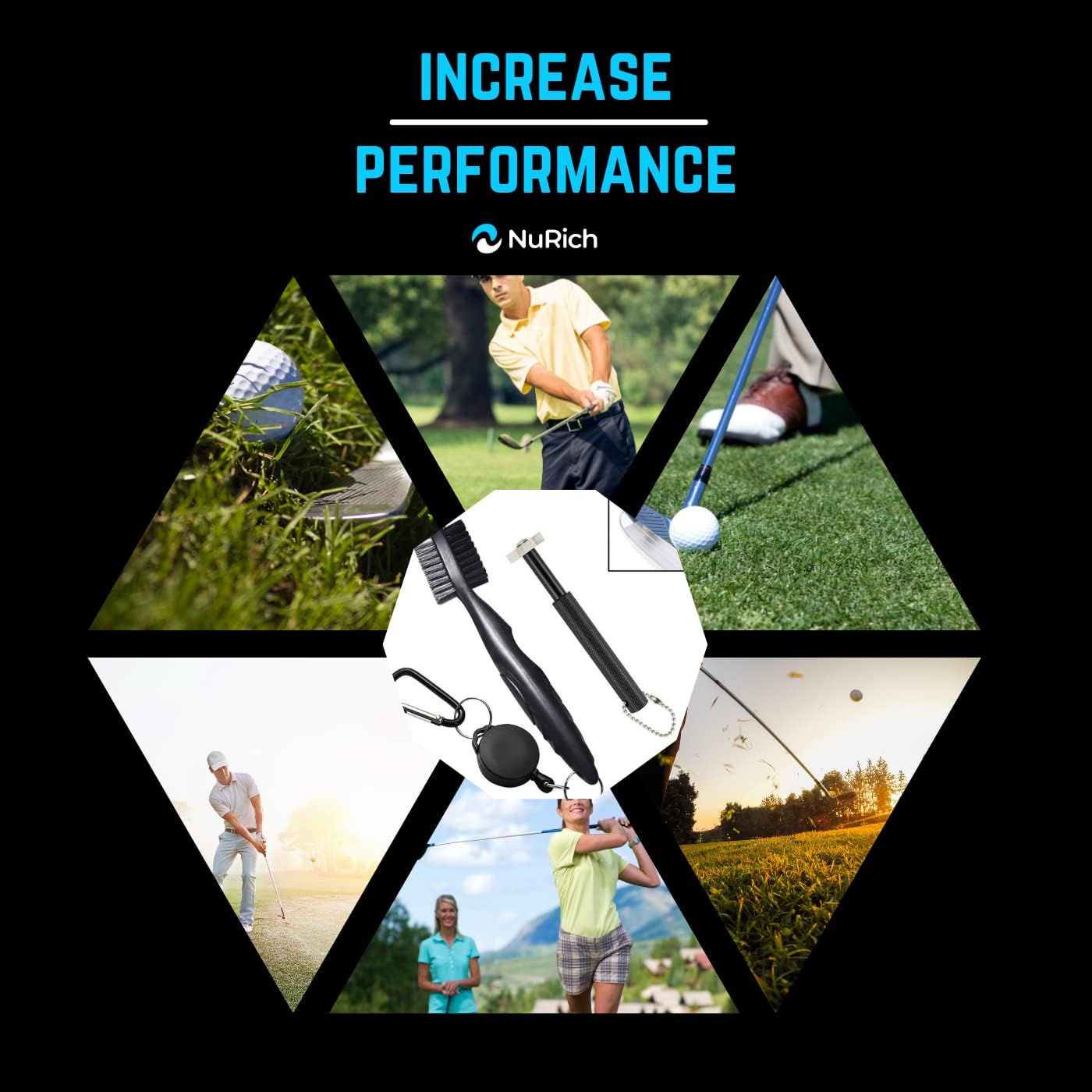 NuRich Golf Club Sharpener and Brush Cleaner Golfer Accessories Kit Comes with Wire/Nylon Brush, Iron Groove Sharpener, Retractable Zip-Line, and Golfing Carabiner for Golf Bag or Lanyard Attachment