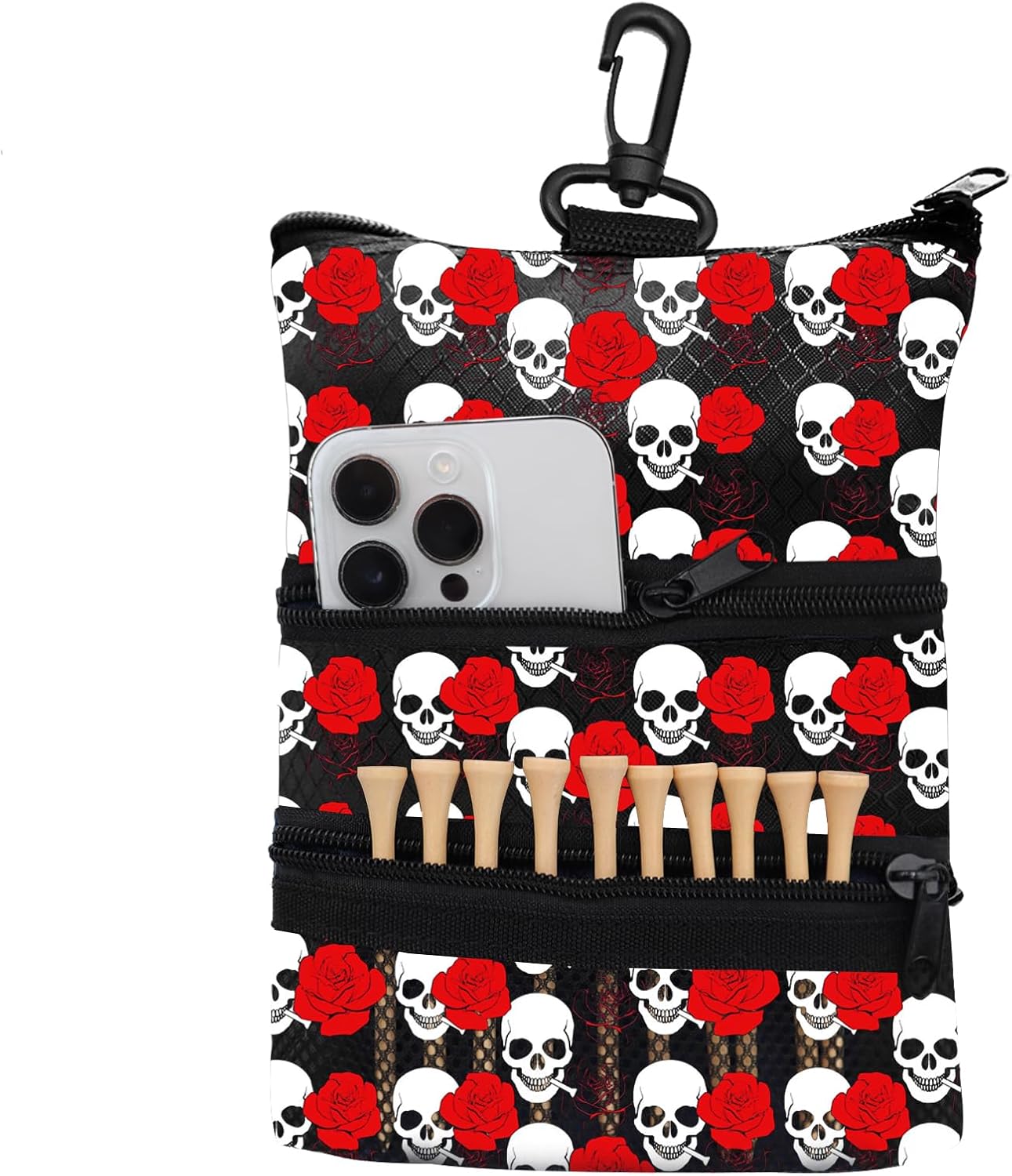 Golf Bag Accessories Valuables Pouch Bags Multi Pocket Zipper Hook with 10 Pcs Wood Golf Tees for Men Women