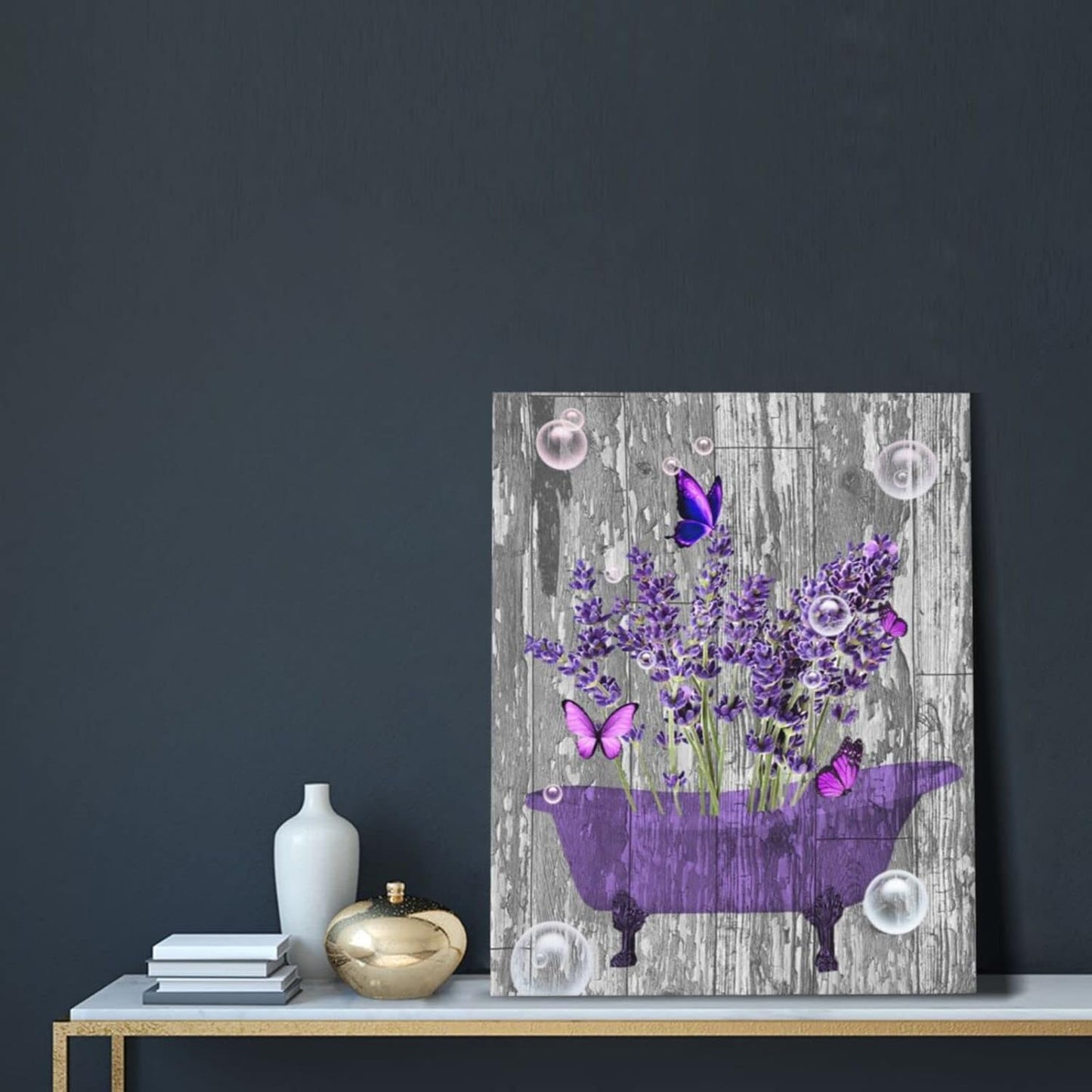 Lavender Bathroom Decor Wall Art Purple Farmhouse Bathroom Pictures for Wall Rustic Butterfly Bathtub Artwork Vintage Country Bathroom Grey White Painting Framed Bath Laundry Decorations 12"x16"