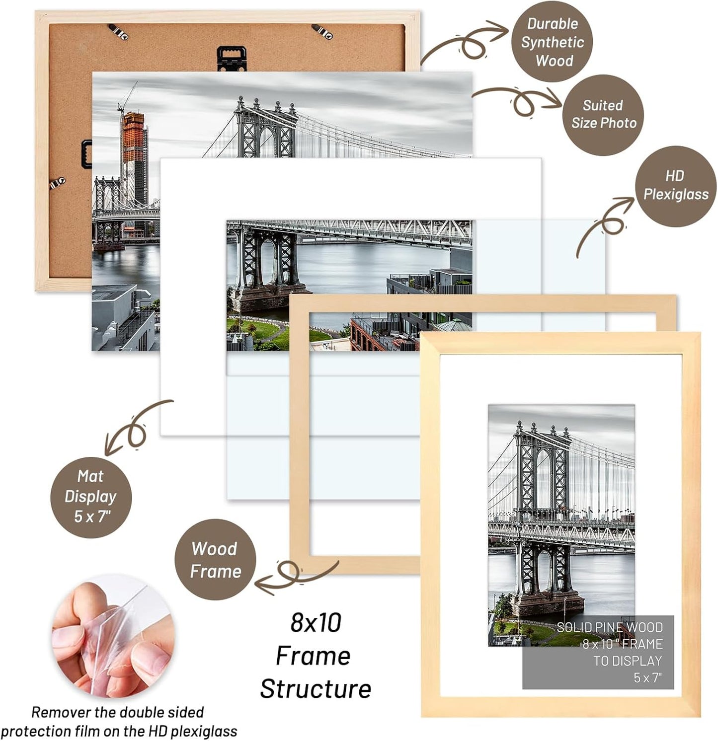 8x10 Picture Frames Solid Wood Display Pictures 5x7 or 8x10 Frame Poster Photo Frame Art with 1 Mat for Wall Mounting or Table Top (Natural)