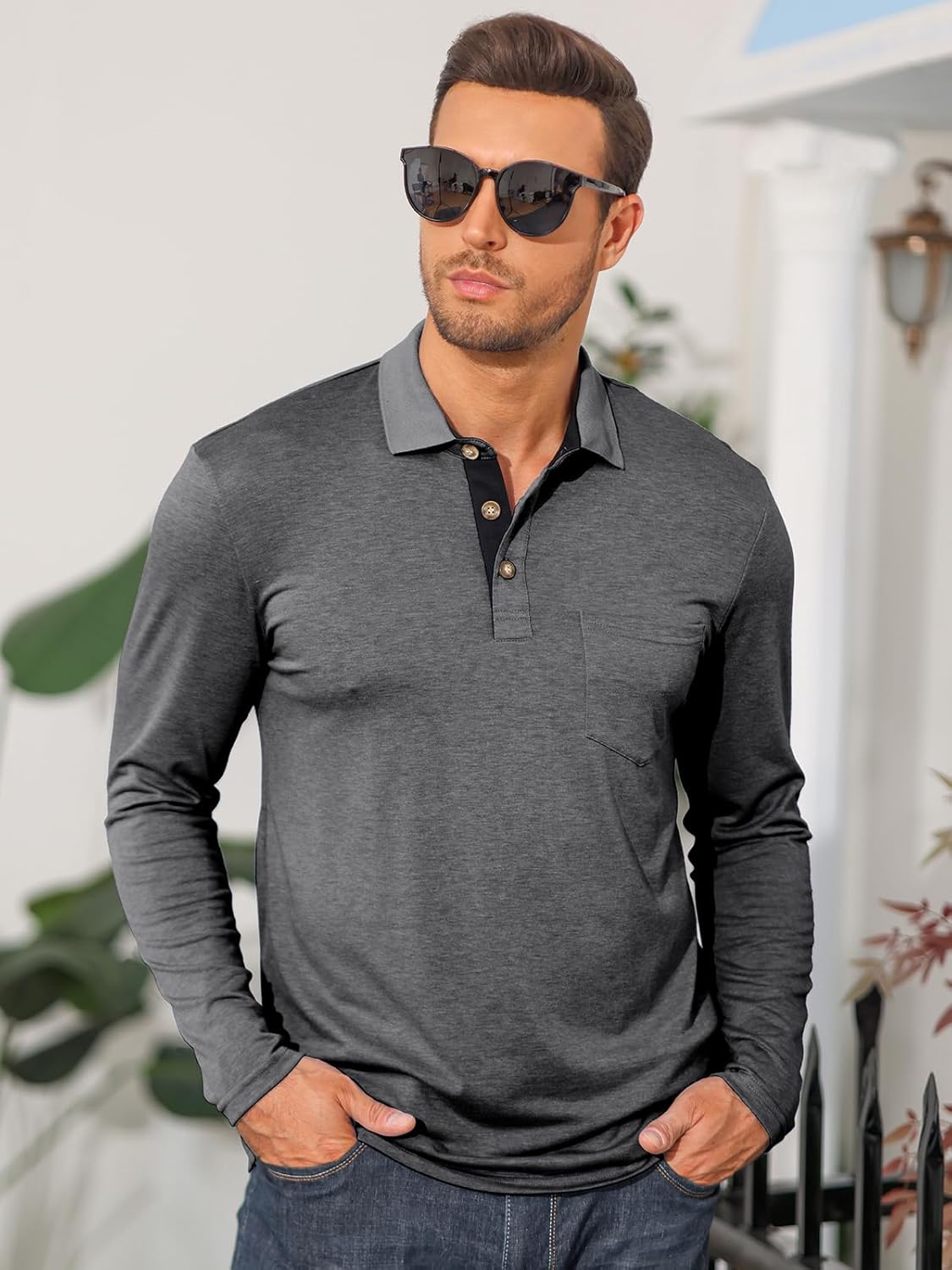 Mens Long Sleeve Polo Shirts Casual Moisture Wicking Golf Polo Shirts with Pocket