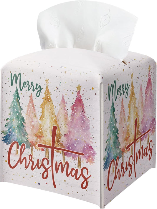Merry Christmas Tissue Box Holder, Colorful Christmas Tree Leather Tissue Box Cover Square, Paper Facial Decorative Tissues Cover for Night Stands Bathroom Kitchen Office Home Decor-B14