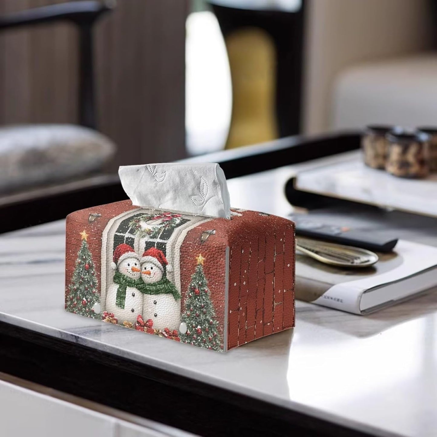 Christmas Cute Tissue Box Cover Snowman Tissue Box Rectangle Soft Leather Tissue Box with Bottom Belt for Table Desk Countertop Decorations for Home