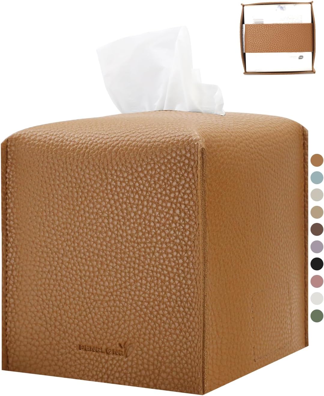 Tissue Box Cover 5X5X5'' PU Leather Tissue Holder Square Tissue Cube Box Organizer for Bathroom Vanity Countertop, Car, Night Stands, Office, Home, Kitchen (1Pack, Brown)