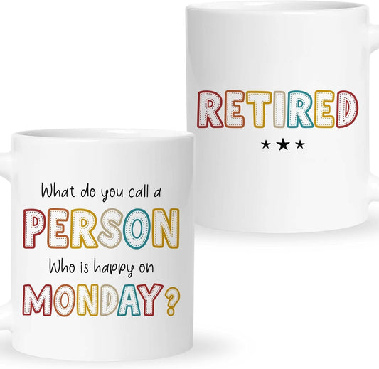 Retirement Gifts For Women Men, Who Is Happy On Monday, Happy Retirement Mug 11 Oz Coffee Mug, Retired Gifts Birthday Gift Christmas Presents for Coworkers Nurse Teacher Boss Grandma Mom