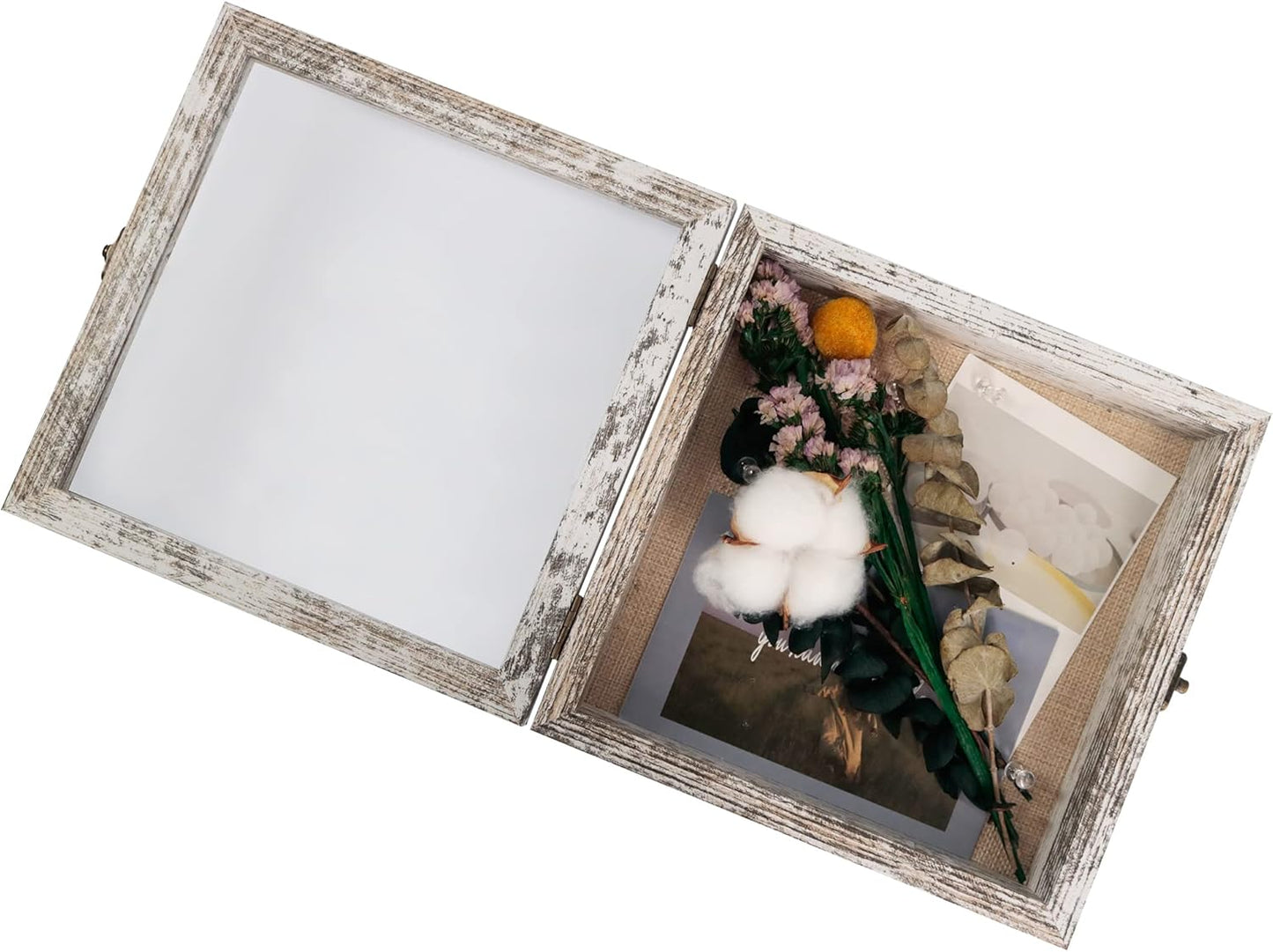 GraduatePro Shadow Box Frame 8x8 Display Case with Linen Back, Real Glass Window Door with Hinge, Picture Frame Wedding Bouquet Memorabilia Medals Photos Memory Box for Keepsakes, Rustic White
