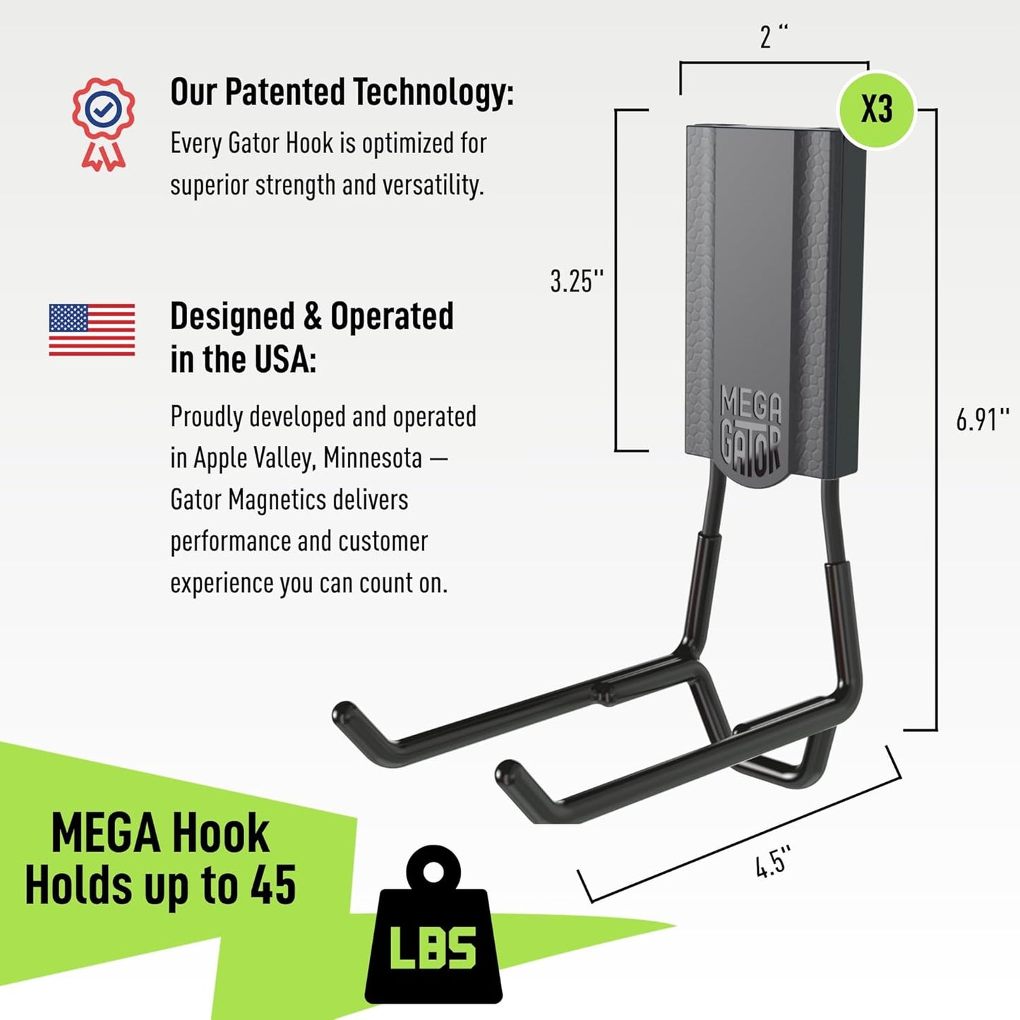 GATOR MAGNETICS MEGA 4.5 in Open Hooks, 45 lb Heavy Duty Magnetic Hooks for Steel Surfaces, Patented Easy-Release, Non-Slip Grip – Storage & Organization, Garage, Home Tools & Gear Storage – 3 Pack