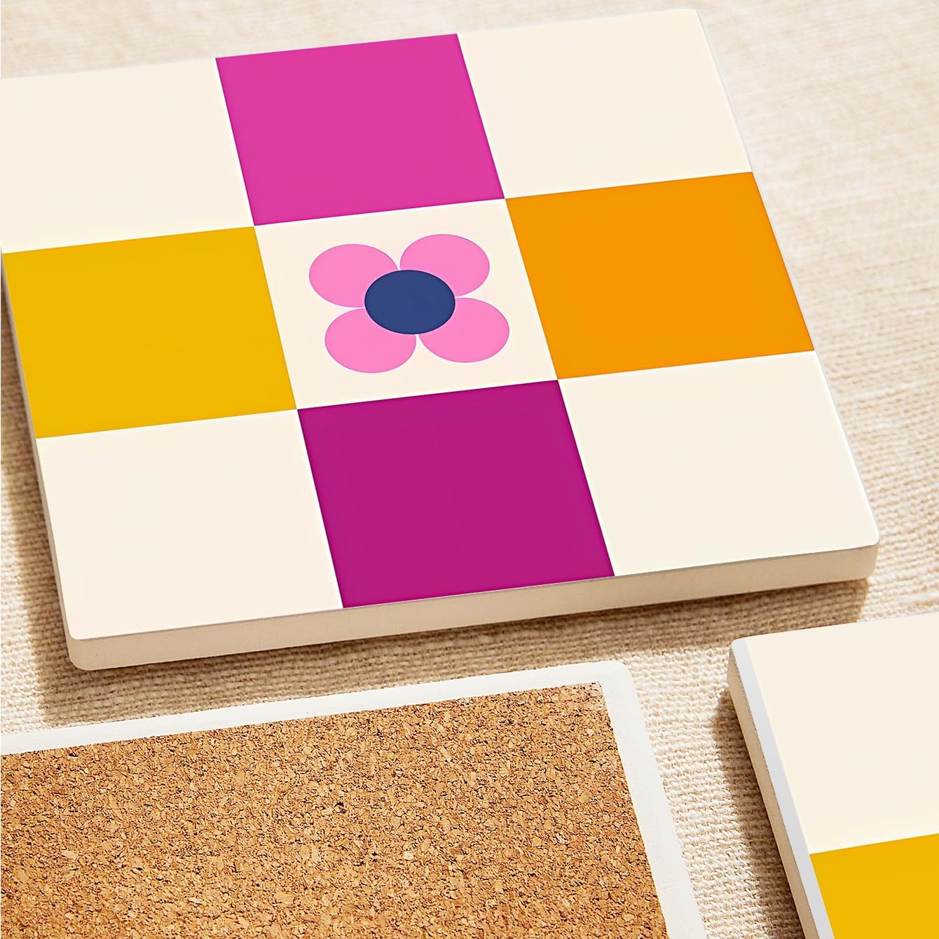 MAYCARI Contrasting Color Cartoon Flower Coasters Set of 6 Cork Backed Checkered Flower Coasters with Metal Holder Ceramic Surface Drink Cup Mats for Tabletop Protection Desk Decoration Birthday Gifts