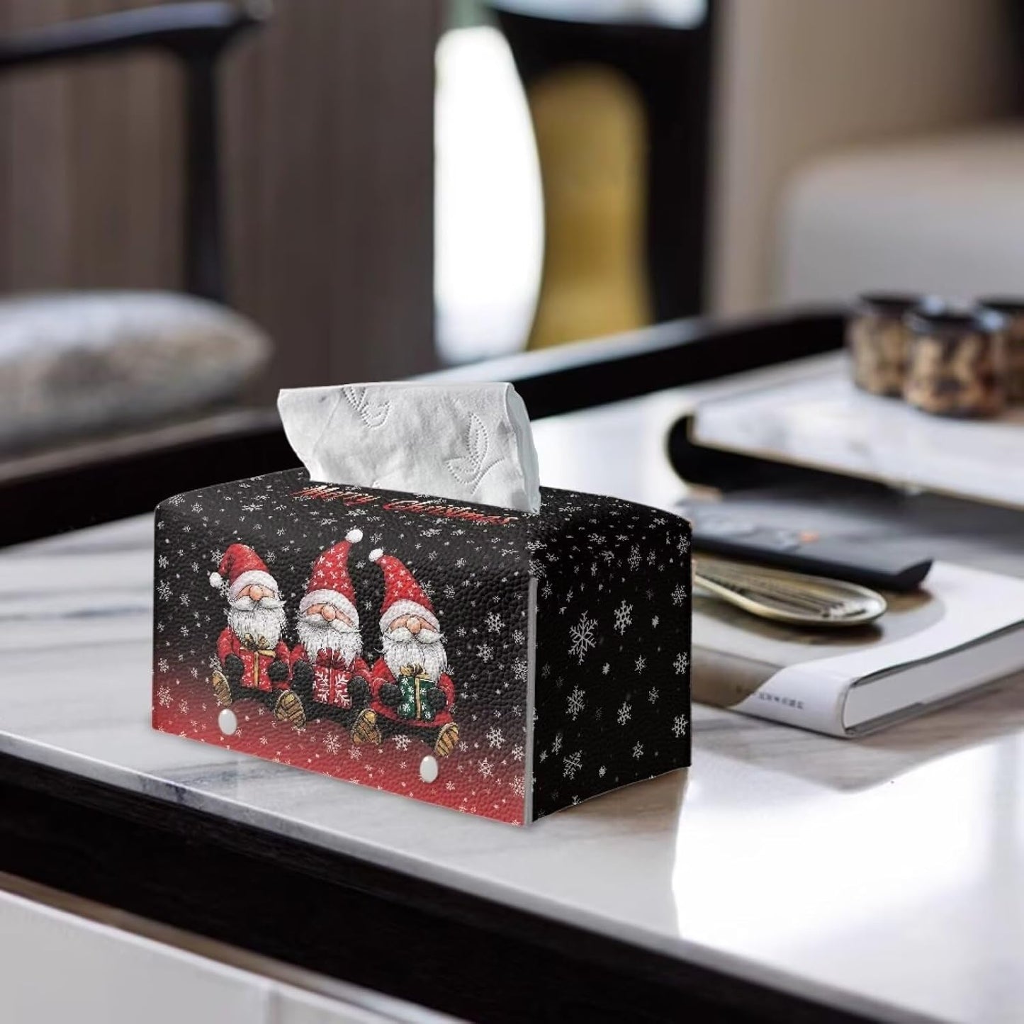 Christmas Tissue Box Cover - Rectangle Dwarf Holder PU Leather Holiday Cover for Desk Vanity Countertop Night Stand