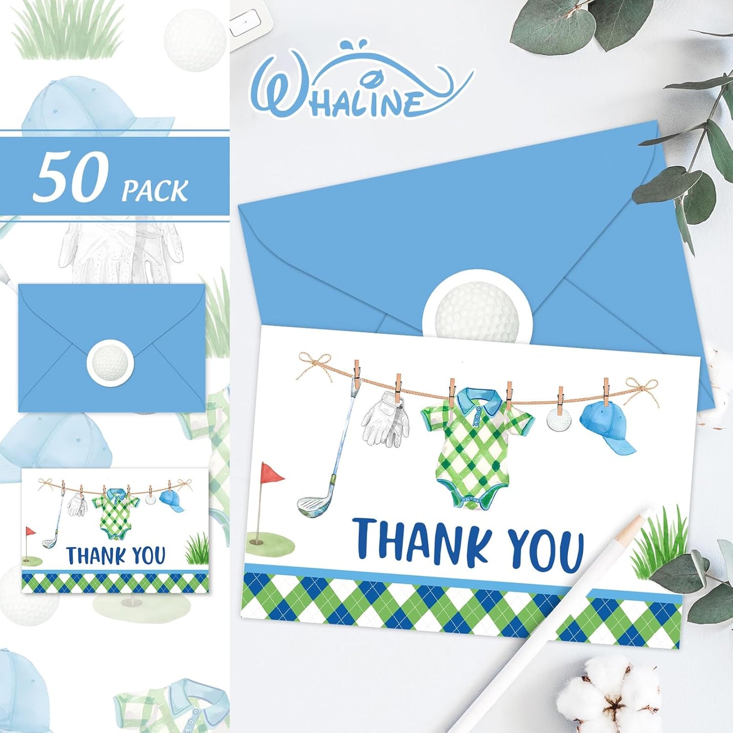 Whaline 50 Pack Golf Baby Shower Thank You Cards Greeting Card with Envelopes Stickers Blue Green Golf Ball Club Glove Hat Cloth Blank Note Card for Birthday Sport Party, 4 x 6 Inch