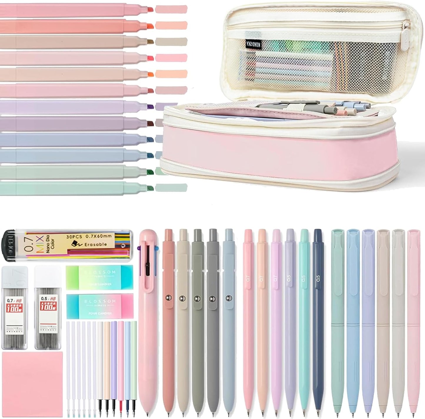 55 PCS Aesthetic School Supplies Set: Large Pencil Case with 5 Inspirational Pens,12 Pastel Highlighters, 6 Morandi Gel Pens, 6 Mechanical Pencils (0.5/0.7mm) for Student Essentials & College Girls