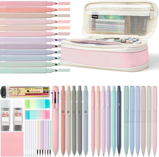 55 PCS Aesthetic School Supplies Set: Large Pencil Case with 5 Inspirational Pens,12 Pastel Highlighters, 6 Morandi Gel Pens, 6 Mechanical Pencils (0.5/0.7mm) for Student Essentials & College Girls