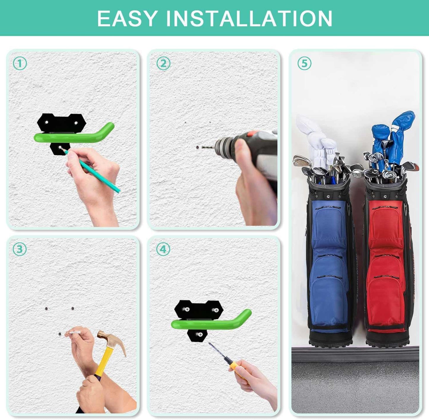 Wall Mounted Golf Bag Hook, 2 Bags Storage Racks Perfect for Garage Organization, Space Saving Hanging Organizer (Black)