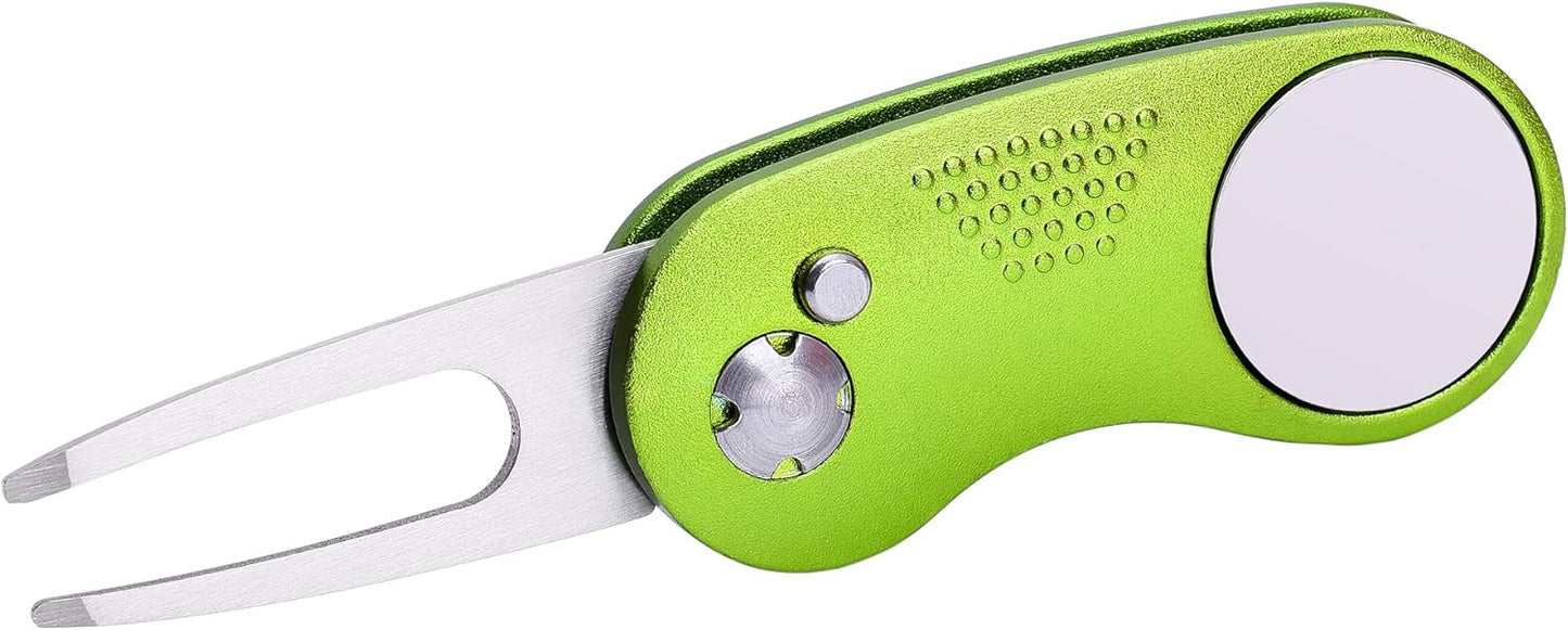 Mile High Life Golf Divot Repair Tool, All Metal Foldable Divot Tool with Pop-up Button & Magnetic Ball Marker