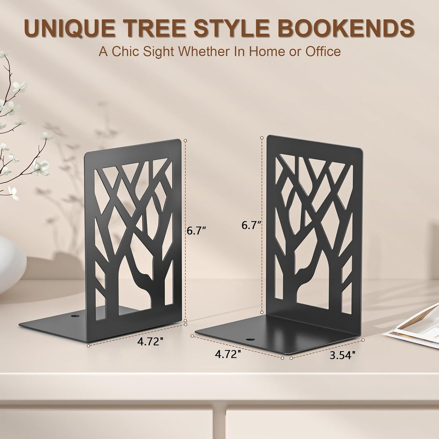 VFINE 2-Piece Modern Metal Bookends for Shelves, Black Tree Book Ends for Books, Decorative Book Organizer for Desk, Non-Skid Shelve Bookends for Home Office