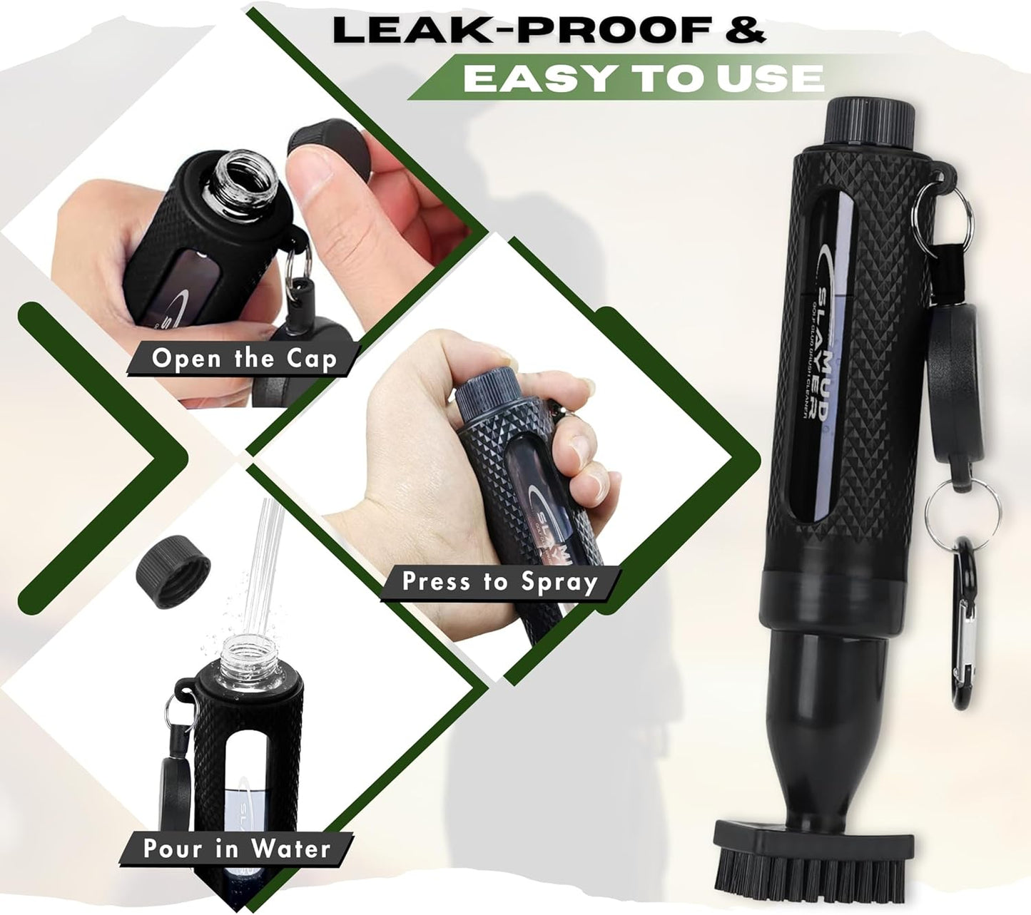 Mud Slayer Golf Club Cleaning Brush with Fine Mist Spray, Leak-Proof Viewing Window & Retractable Clip – Dual Bristle Head, Ergonomic Handle – Must-Have Golf Accessories for Men & Women