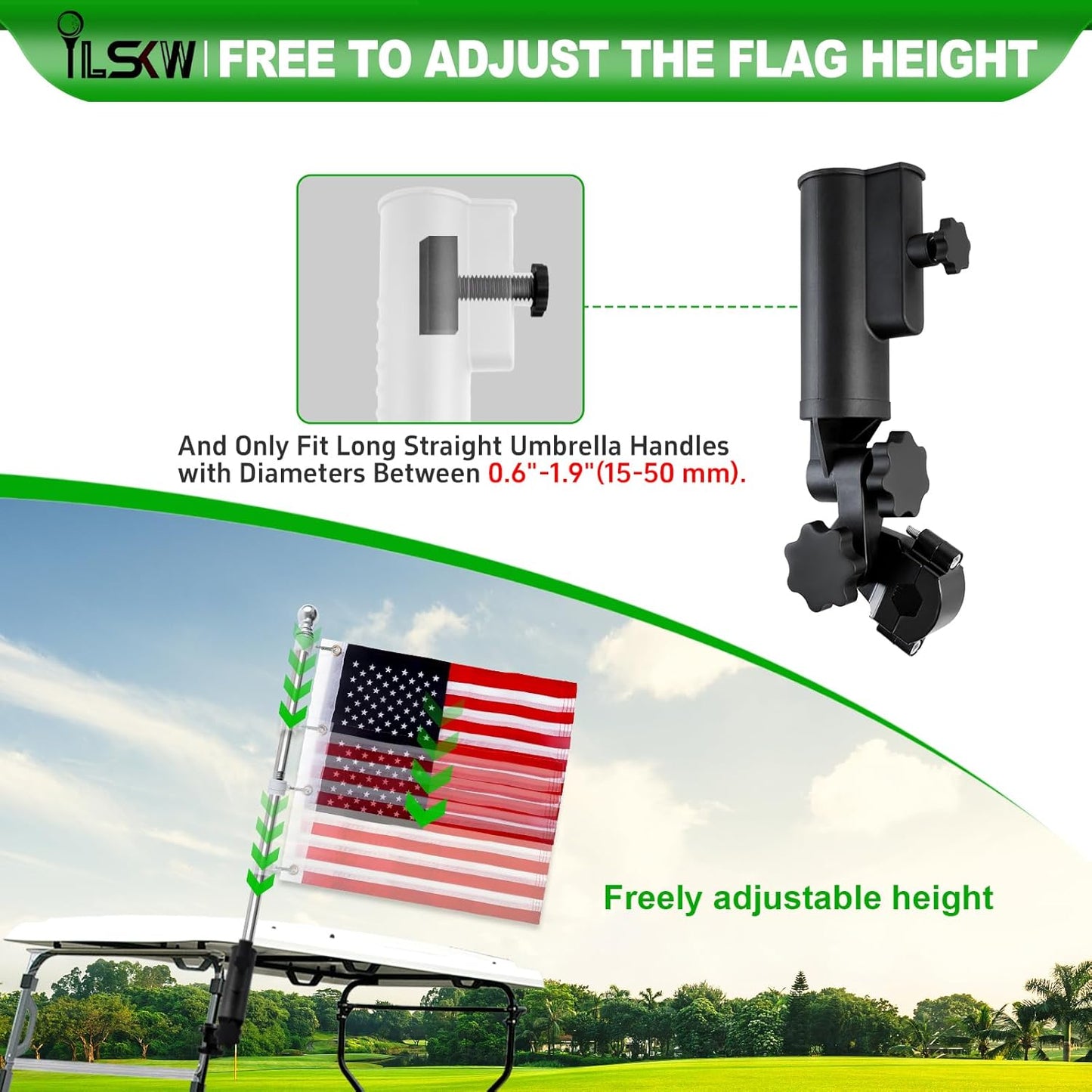 Heavy Duty Golf Cart Flag Holder and Flag Pole Kit for Yamaha, EZGO, Club Car, Upgraded Design Aluminium Alloy Base for Golf Carts, Boat, Vehicles, Golf Push Carts, Included USA Flag (12"×18")