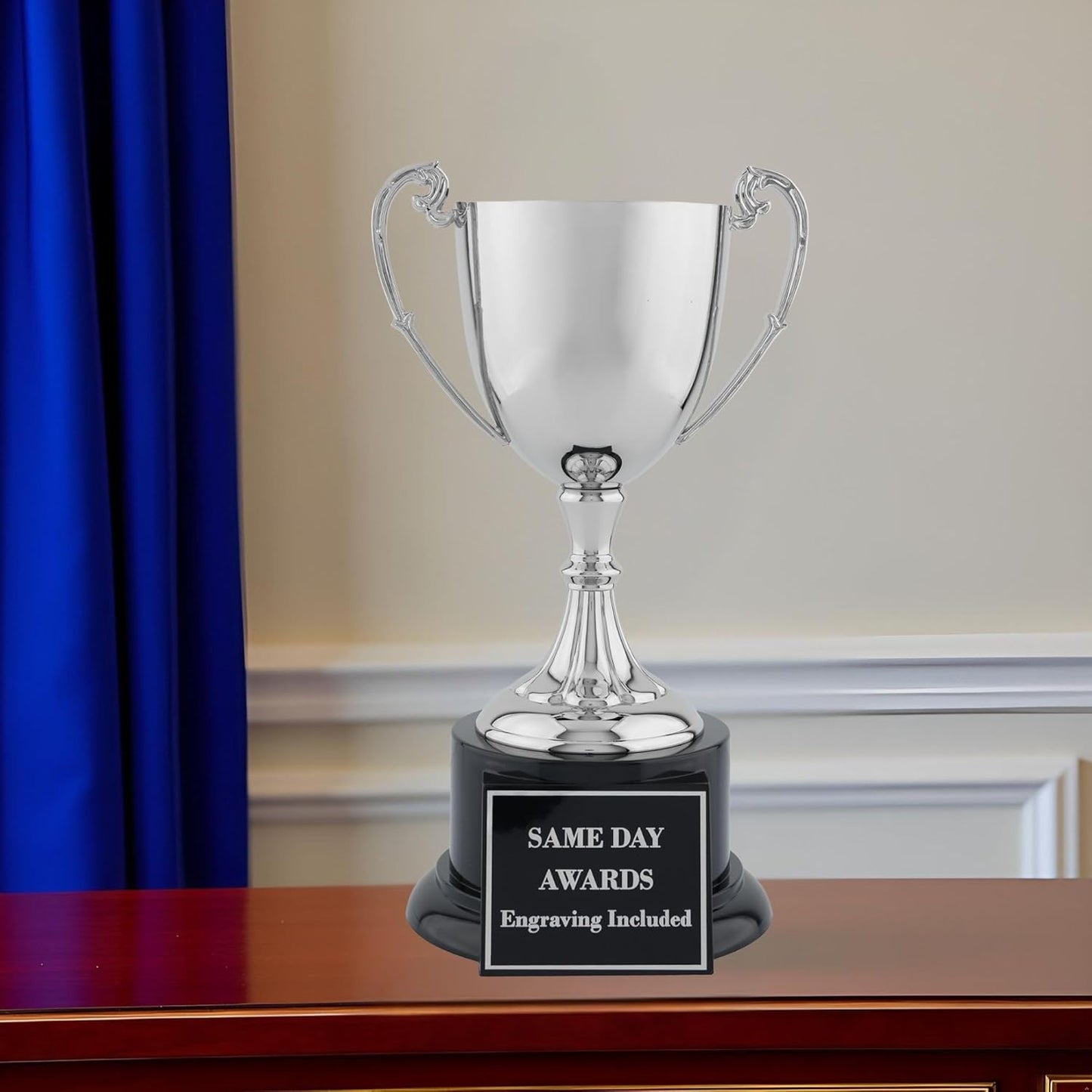 Elite Nickel-Plated Metal Trophy Cup – Custom Engraved Award Polished Finish on Ebony Wood Base, Premium Recognition for Golf, Tennis, Corporate Awards, Championship Events & Competitions