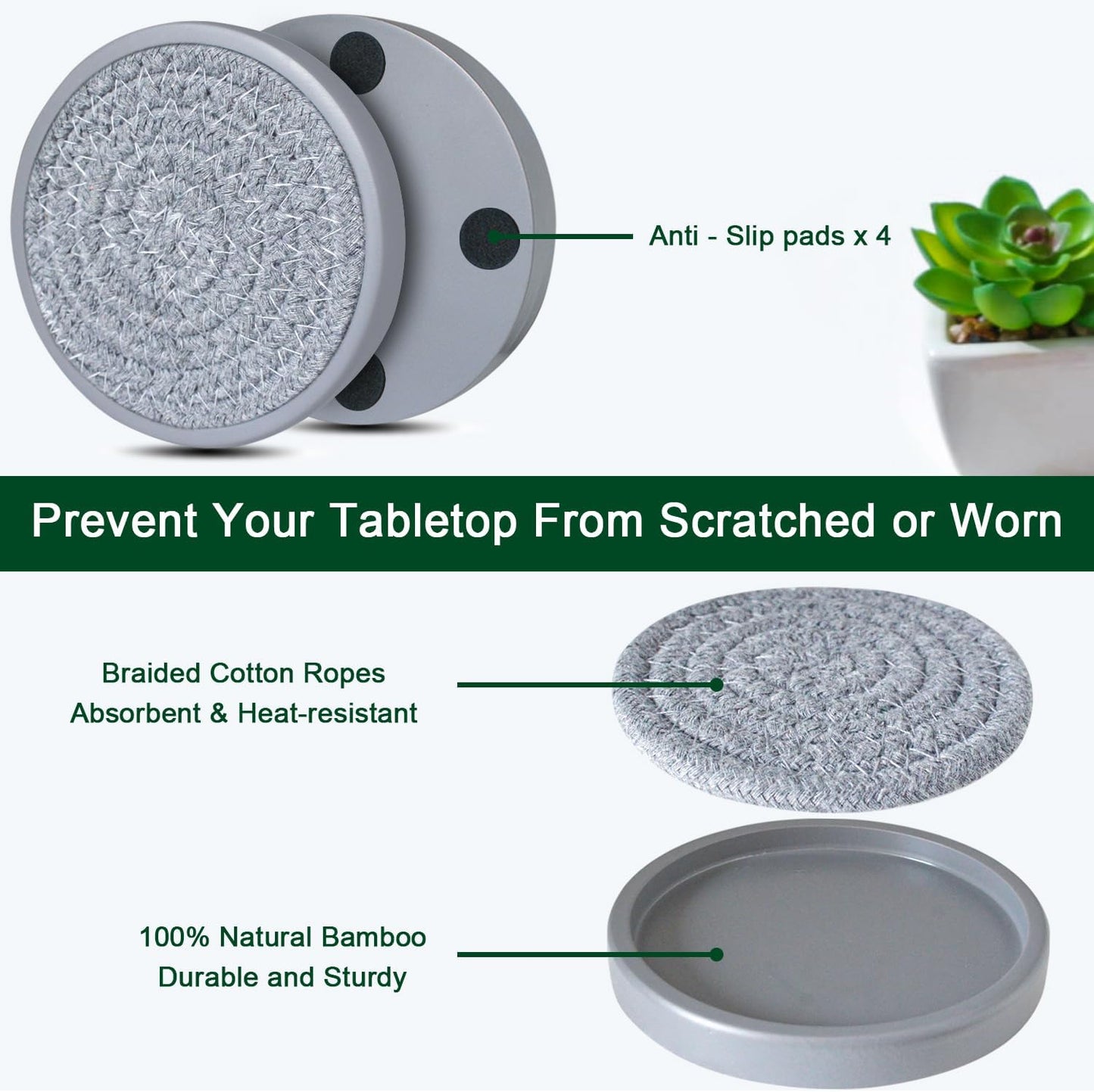 Drink Coasters Set of 5, Coasters for Drinks Absorbent, Wood Coasters for Coffee Table, Housewarming Gift for Farmhouse Home Decor,4 inches (Gray)