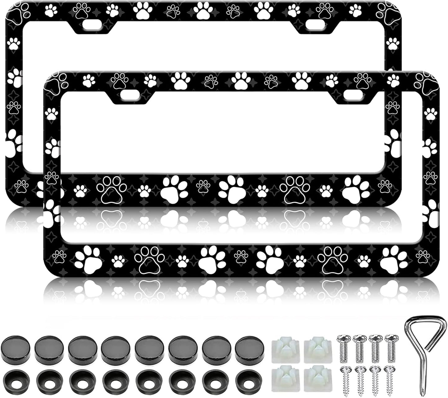 Dog Paw Print License Plate Frames - 2 Pack Front Rear Cute Dog Paw License Plates Holder Covers, Aluminum Metal Rust-Proof Waterproof Car Tag Frame with Screws Fasteners Caps