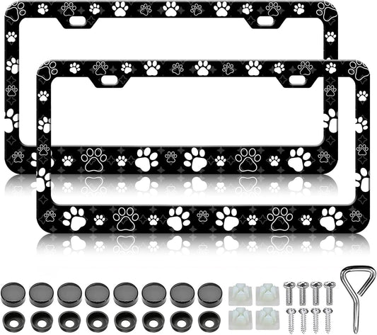 Dog Paw Print License Plate Frames - 2 Pack Front Rear Cute Dog Paw License Plates Holder Covers, Aluminum Metal Rust-Proof Waterproof Car Tag Frame with Screws Fasteners Caps