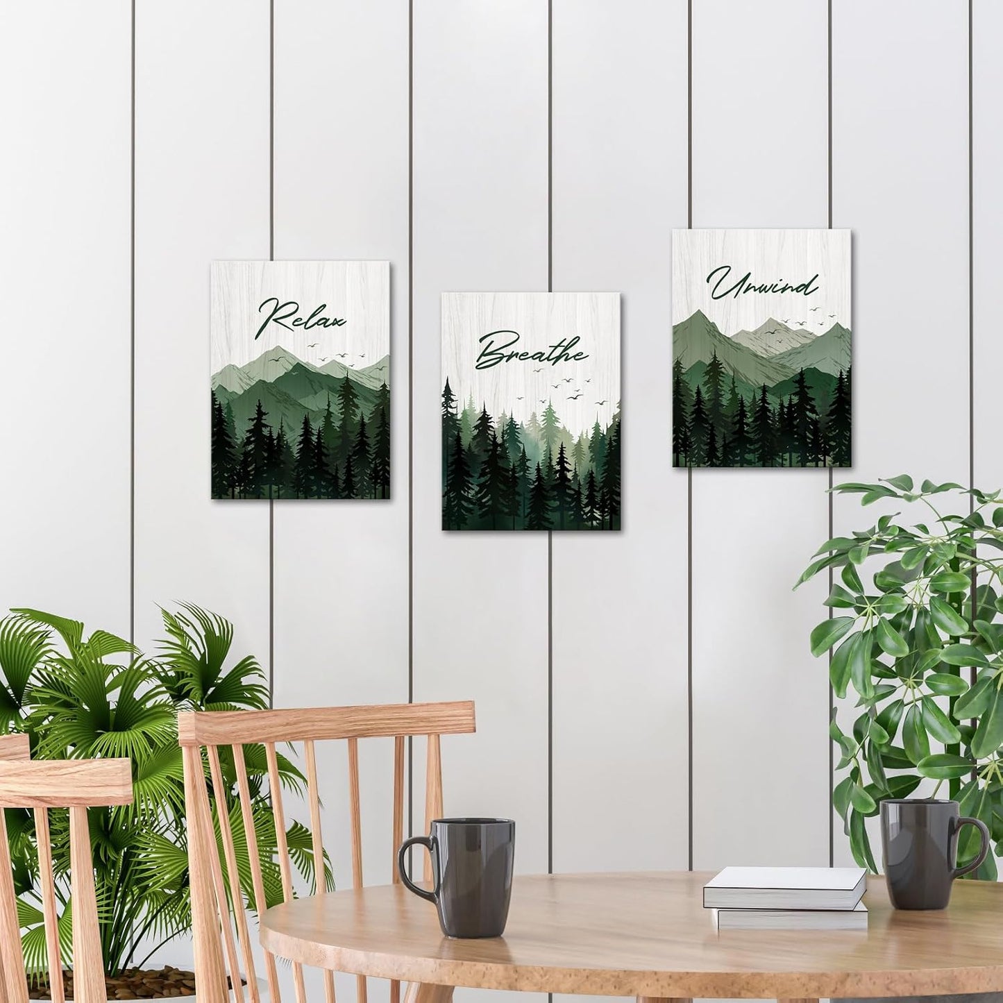 Saypeacher Green Bathroom Wall Art Misty Forest Pictures Relax Breathe Unwind Sign Wall Decor Watercolor Pictures for Bathroom Prints