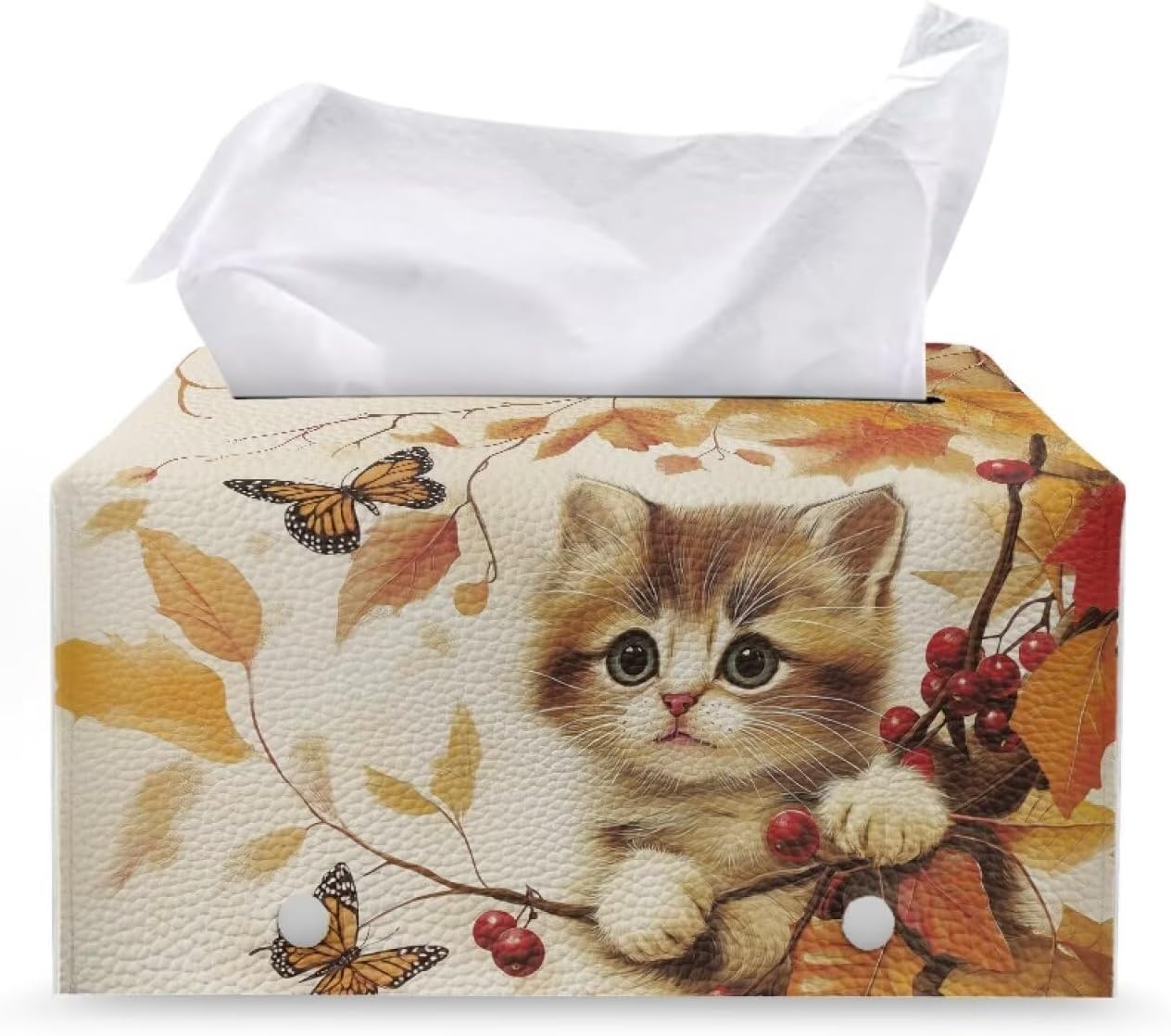 Rectangle Tissue Box Cover Cute Cat Leather Tissue Box Holder for Bathroom Toilet Waterproof Facial Paper Organizer Fall Theme Home Decorations for Dining Room Bathroom