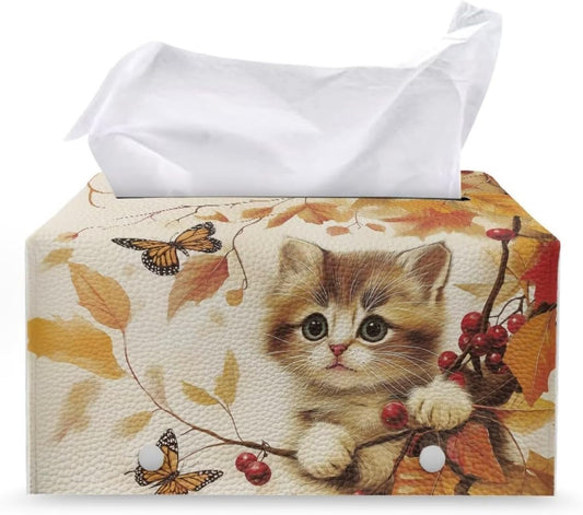 Rectangle Tissue Box Cover Cute Cat Leather Tissue Box Holder for Bathroom Toilet Waterproof Facial Paper Organizer Fall Theme Home Decorations for Dining Room Bathroom