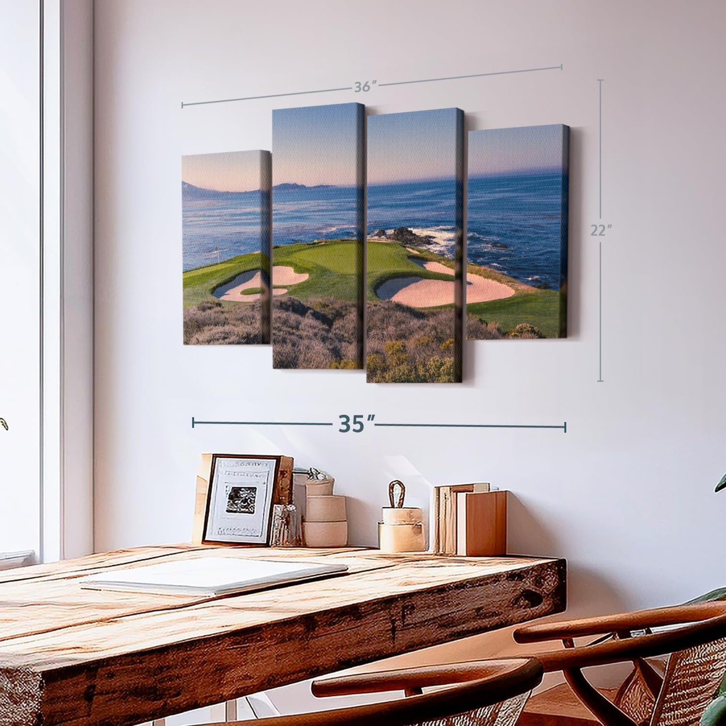 ElephantStock Pebble Beach Golf Club Wall Art - Horizontal Canvas - 4-Piece Living Room Wall Decor - Luxury Photography Canvas Print - Beige and Blue Decor for Wall - 36" X 22"