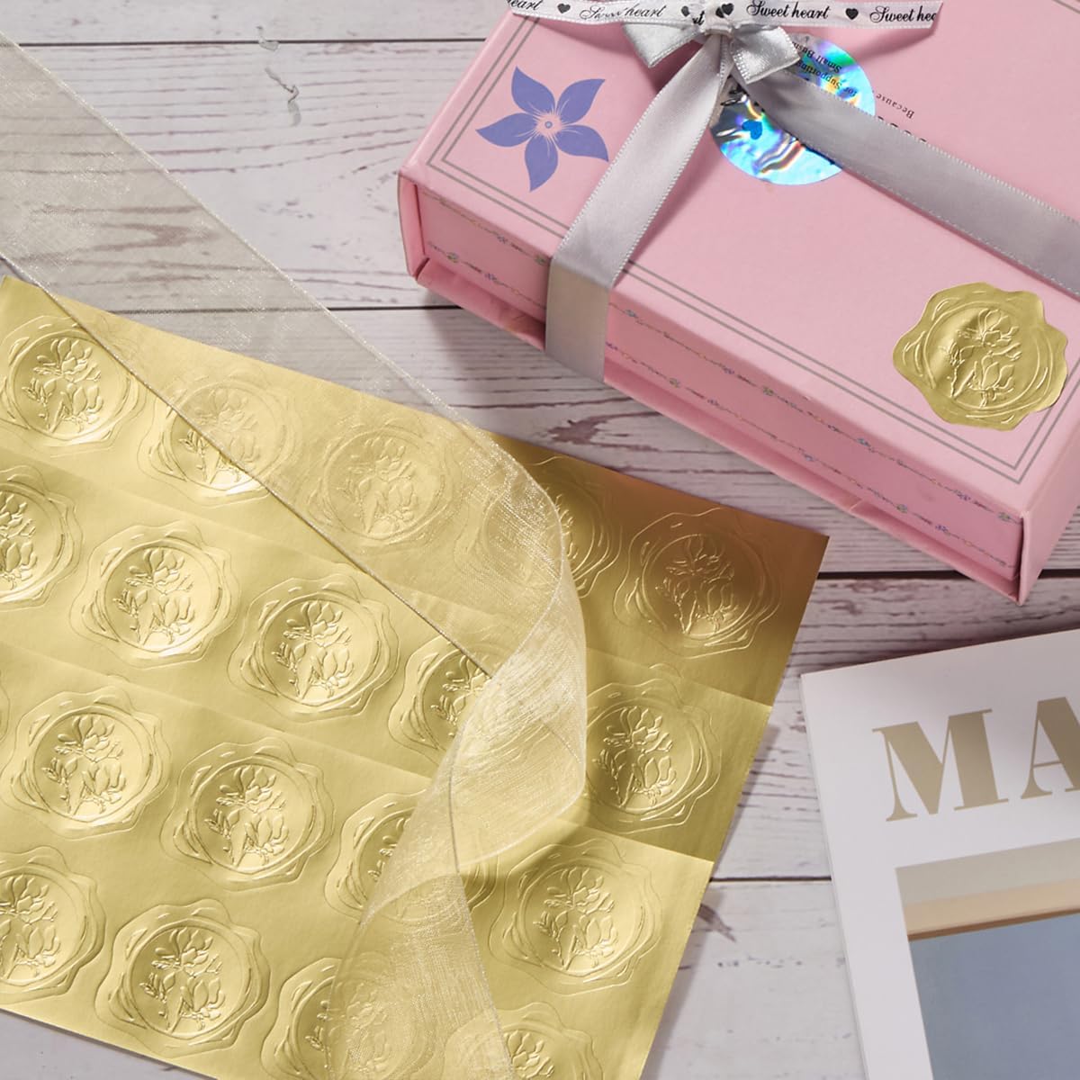 300 Pieces Embossed Gold Foil Stickers Gold Stickers for Envelopes, Wedding Invitations, Christmas Greeting Cards Envelopes (Gold Magnolia)