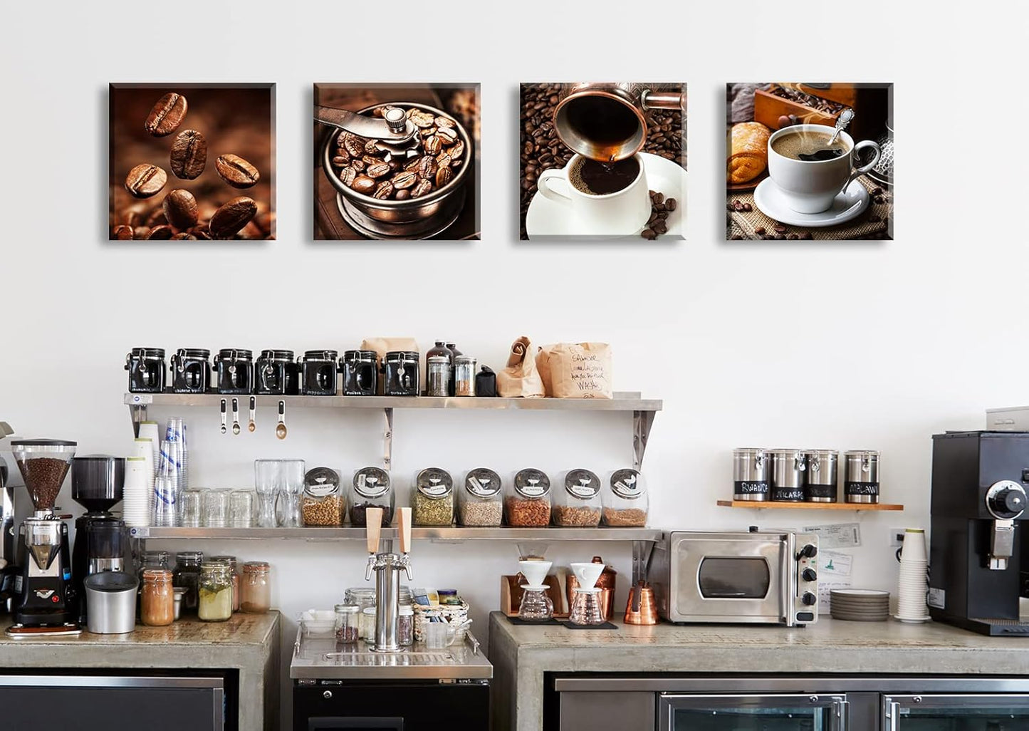 Kitchen Wall Art Coffee Decor Canvas Prints Coffee Cup Latte Mocha Cafe Drinking Pictures Brown 4 Panel Modern Artwork for Dining Room Restaurant Bar Decorations 12"Wx12"Hx4 Framed Ready to Hang
