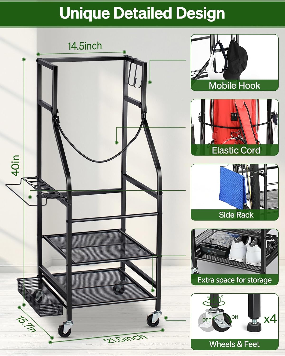Golf Bags Storage Garage Organizer - Golf Bag Stand Fit Single Golf Bags, Golf Clubs, and Golf Equipment Accessories, Golf Bag Storage Rack with Wheels for Garage, Club, Shed, Basement