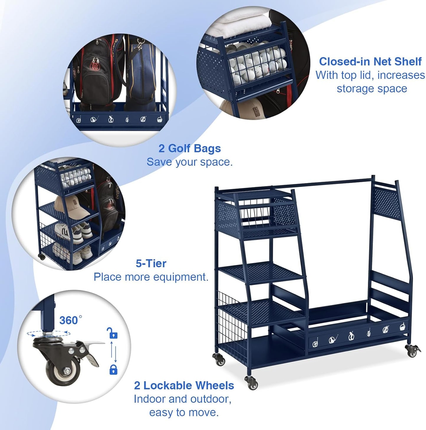 Lauren&Harold Golf Bag Organizer Garage Storage, Golf Storage Rack Stand Fits 2 Golf Bags, Golf Clubs and Other Golfing Equipment Accessories, Golf Organizer for Garage, Club, Shed, Basement