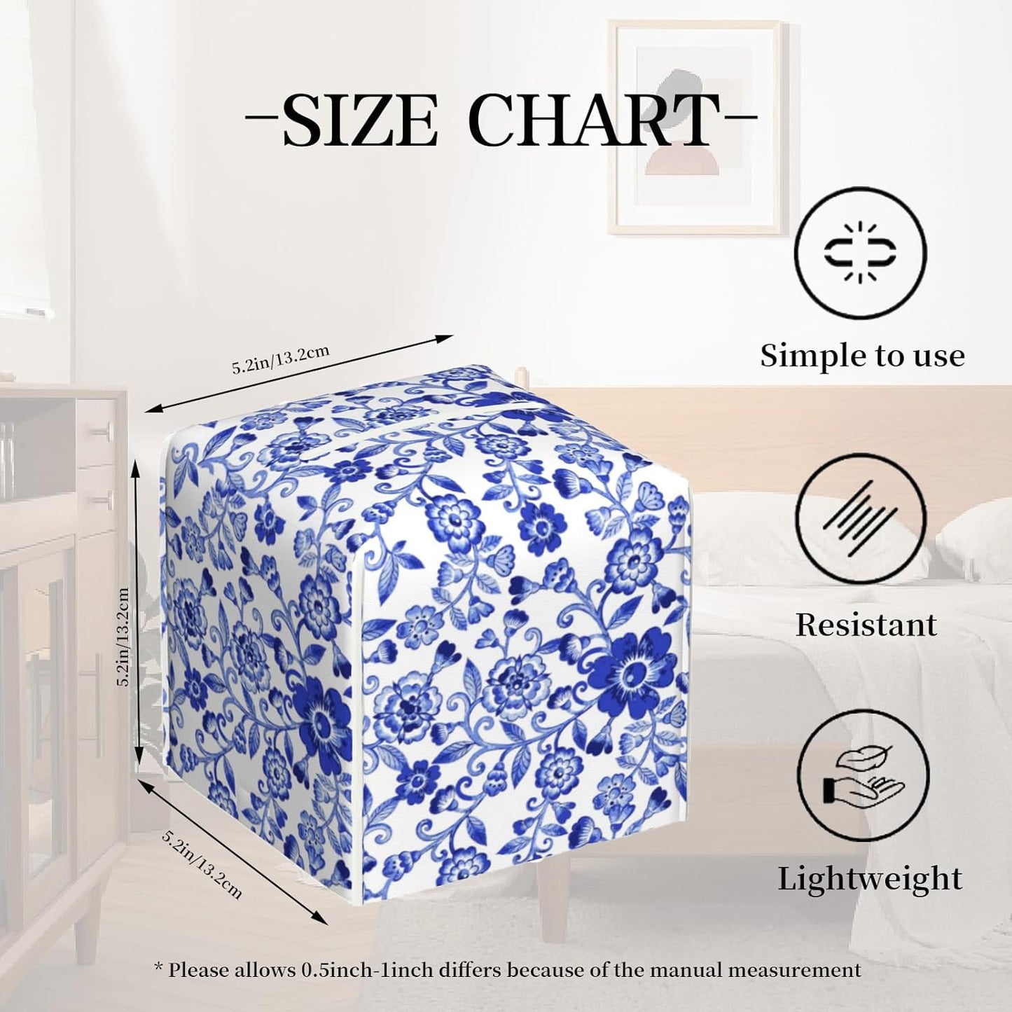 Tissue Box Cover,Blue and White Porcelain Flowers Pu Leather Square Tissue Box Cover Case Decorative Organizer for Bathroom Vanity Countertop Night Stands Office Desk & Car 5.2X5.2X5.2''