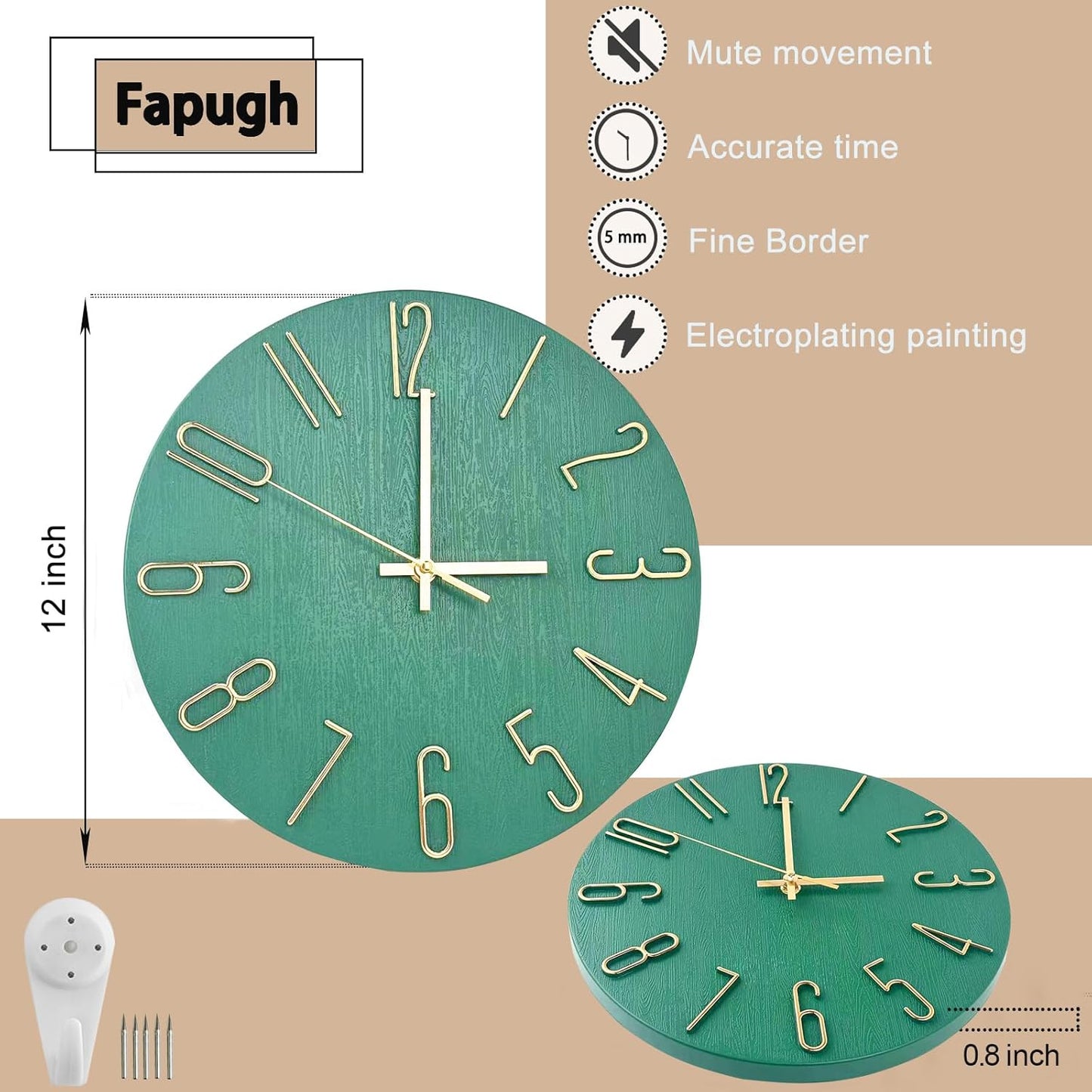 Wall Clock, Silent Clock, Wall Clocks Battery Operated， 12 inch Modern Wall Clock, Suitable for Offices, Living Rooms, Kitchens, Homes, Schools (Grass Green Without Second Hand)