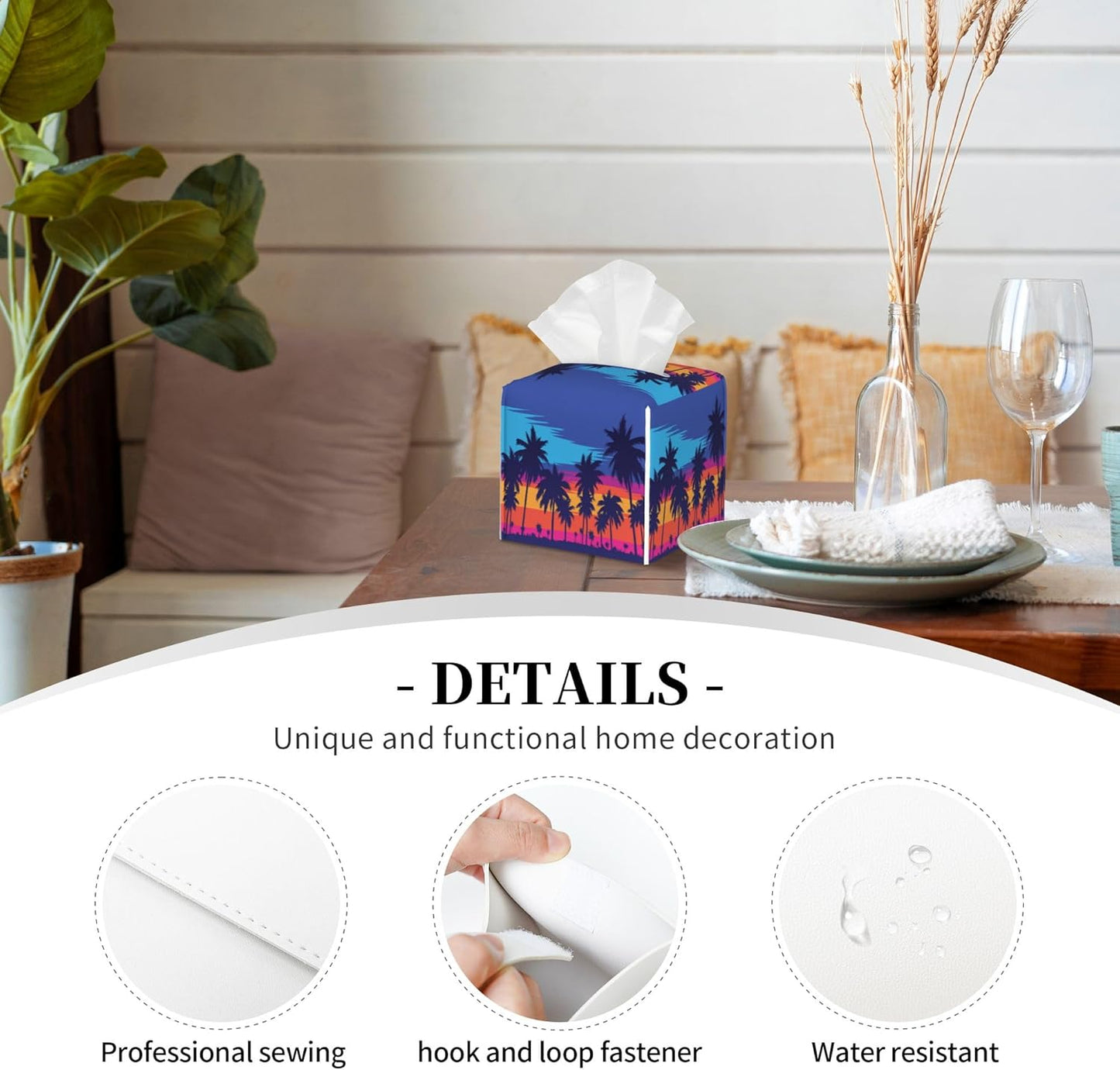 Leather Tissue Box Holder Palm Trees at Sunset Tissue Box Cover Square Waterproof Tissue Holder Organizer Modern Napkin Holder for Bedroom Dresser Night Stand Office Desk