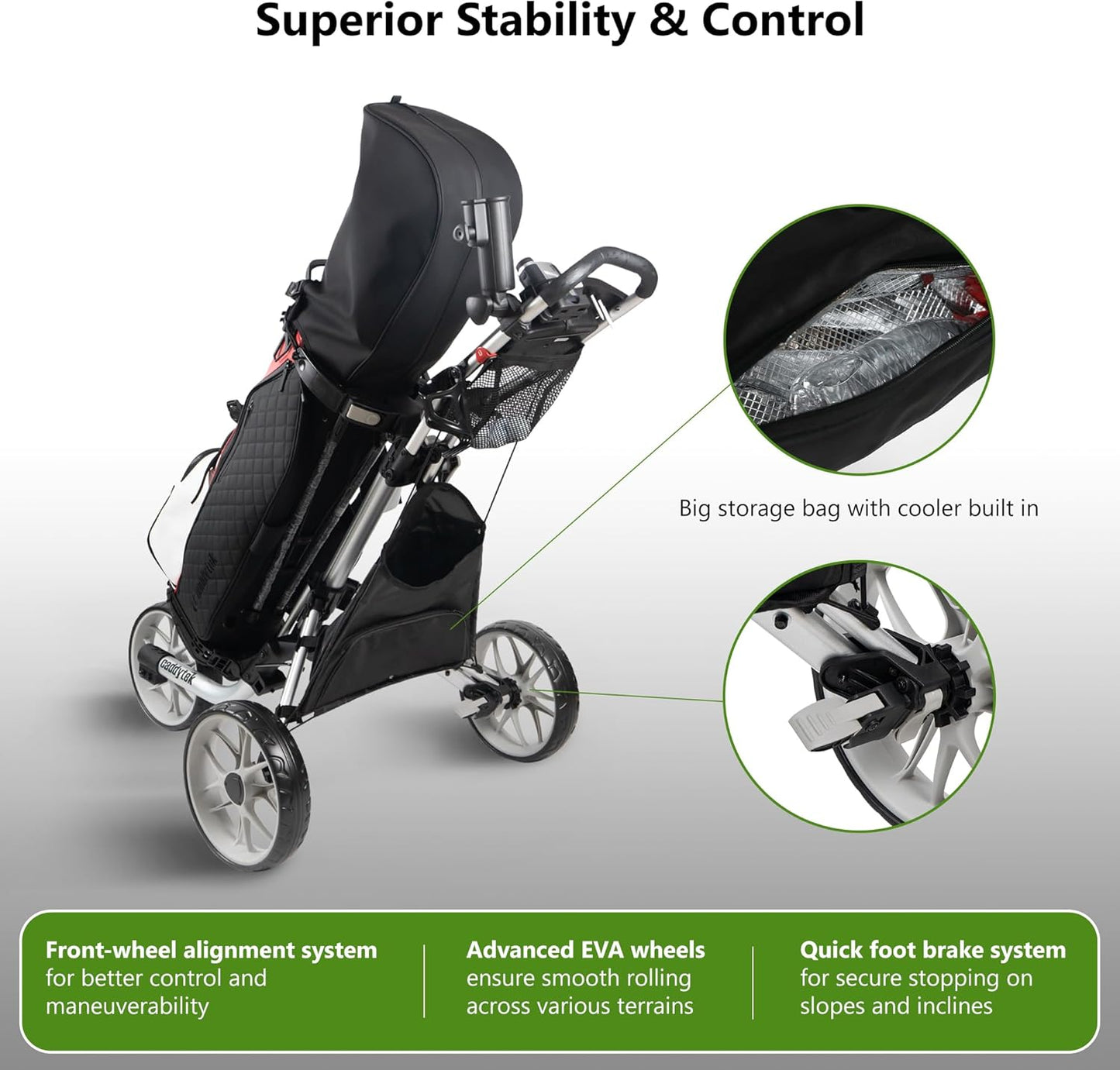 Caddytek CaddyLite EZ V8 Golf Push Cart - Lightweight 3 Wheel Foldable Cart with One-Click 2-Step Folding, EVA Wheels, Adjustable Handle, Cooler Basket, Umbrella & Drink Holder, Compact Golf Cart