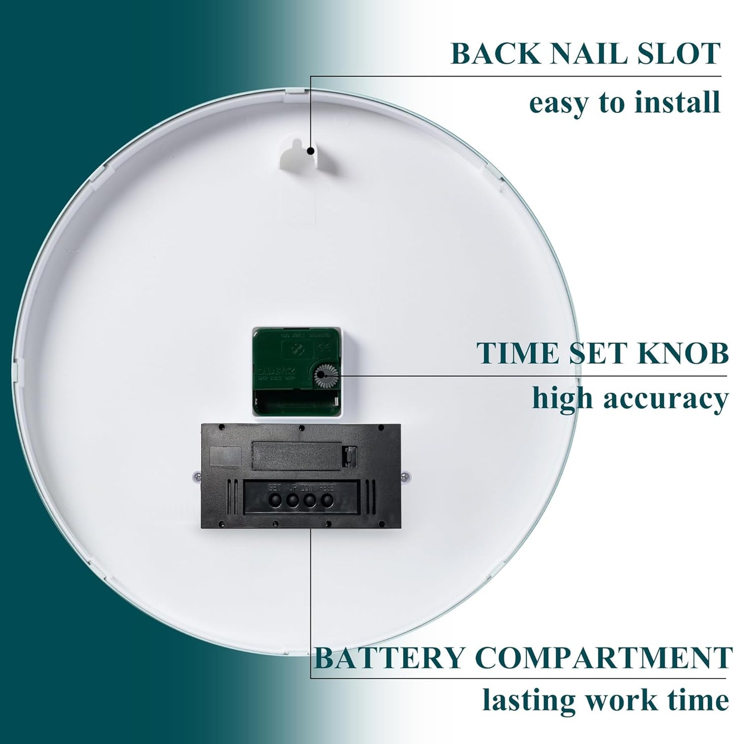 Wall Clock, 14" Large Dial Non-Ticking Silent Battery Operated Analog with LCD Display for Perpetual Calendar and F° Temperature, Ideal Modern Home, Bedroom, Kitchen, Office Decor(Green)