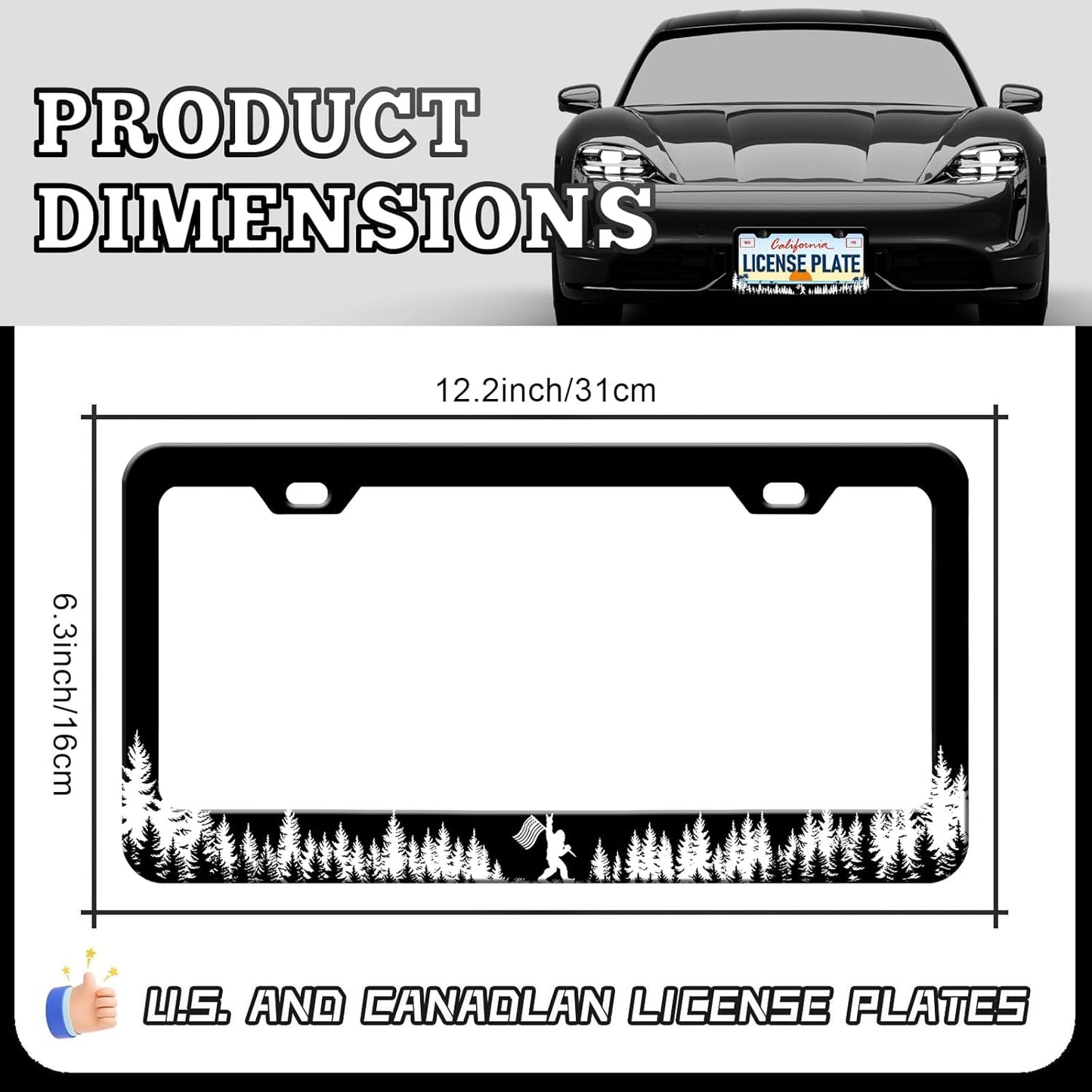 Coniferous Forest Bigfoot License Plate Frames - 2 Pack Front Rear Rock Black Cool License Plates Holder Covers, Aluminum Metal Rust-Proof Waterproof Car Tag Frame with Screws Fasteners Caps