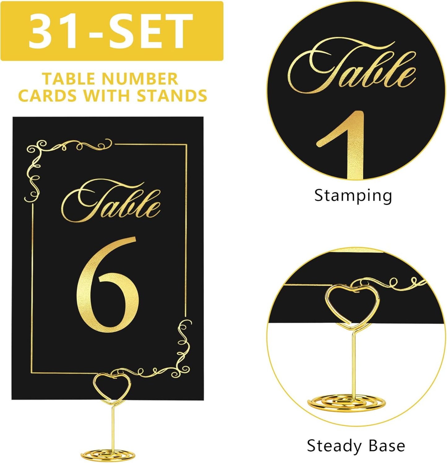 JOYIT 31 Sets Wedding Table Number Holders, Black Gold, Metal, Rectangular Pedestal, 4" x 6" Cards, Versatile Table Number & Place Card Holders
