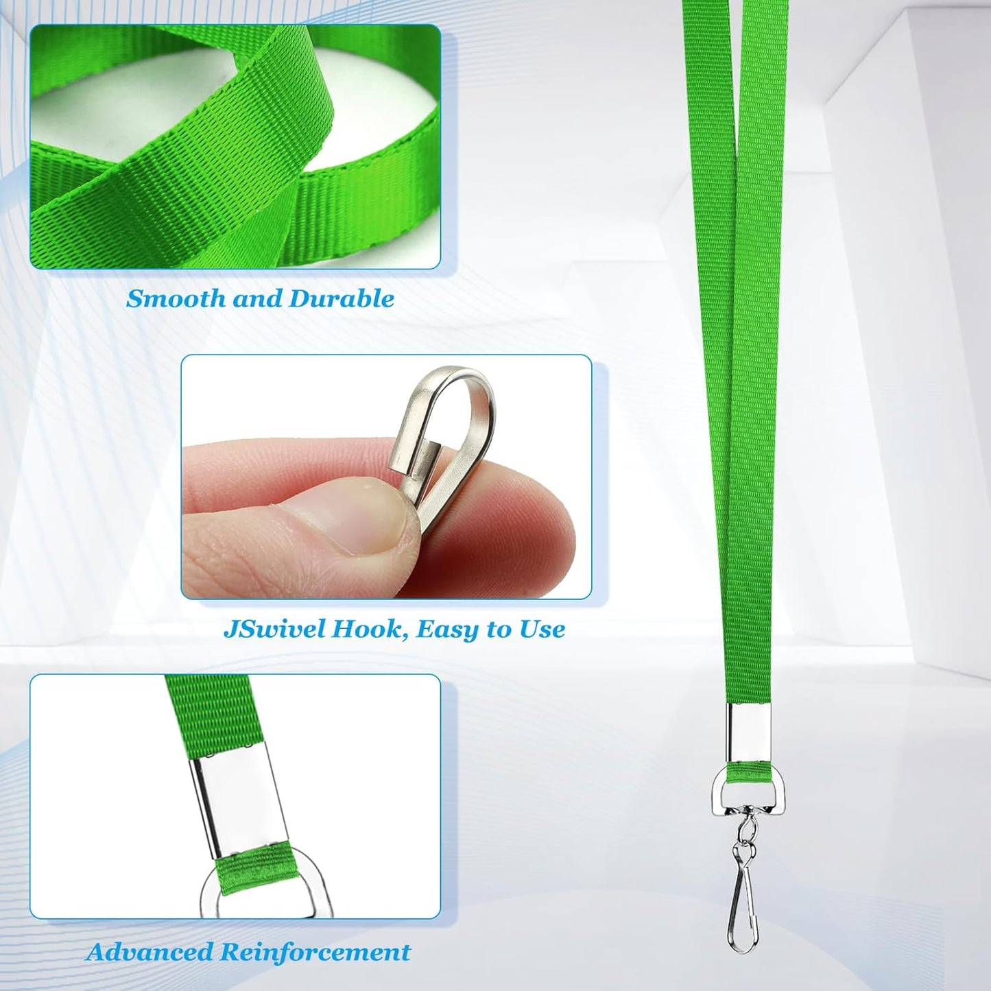 50 Pack Green Nylon Flat Lanyard with Swivel Hook and Badge Clip for ID Badge Holder