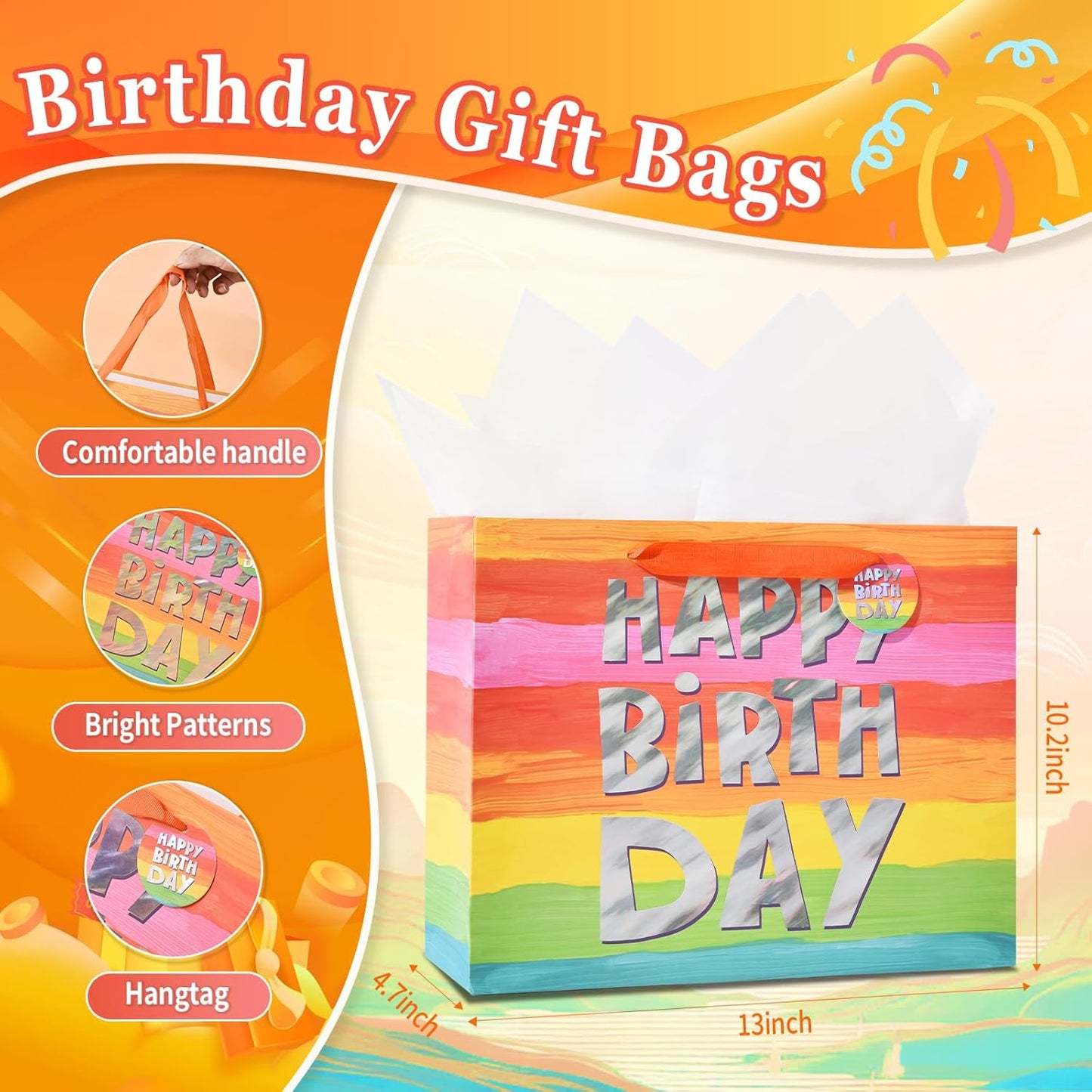 13" Colorful Happy Birthday Gift Bags with with Tissue Paper and Greeting Card for Party,Happy Birthday Gift Bag for Kids, Boys, Girls, Baby Boy,Men Women,Gift Bags Medium size (1 PCS Colorful)