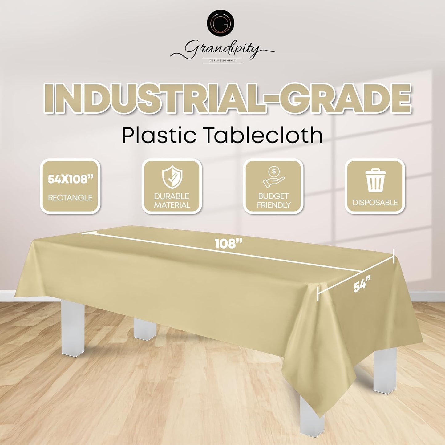 Grandipity 12 Pack Premium Disposable Plastic Tablecloth 54 Inch. x 108 Inch. Decorative Rectangle Table Cover - Beige