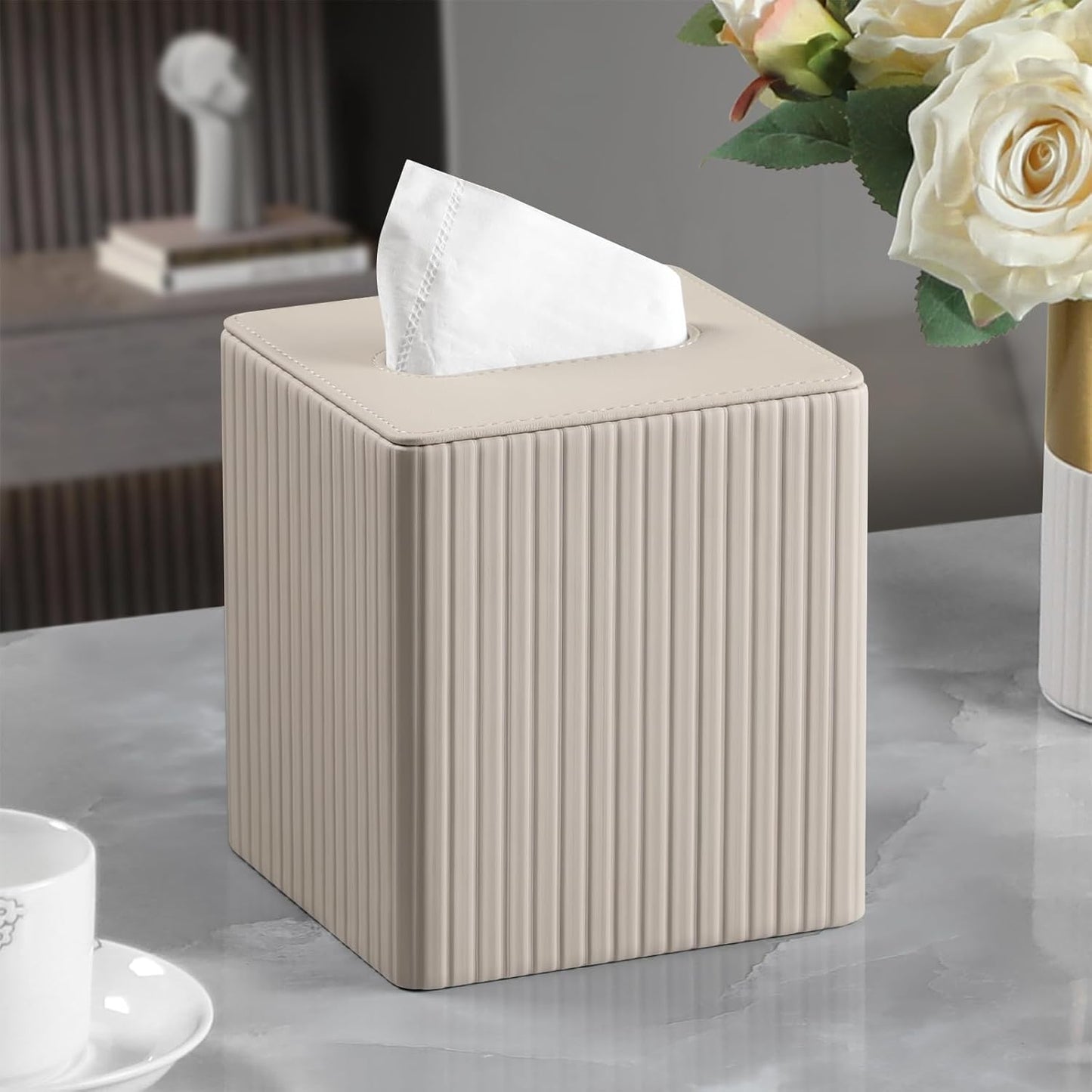 PU Leather Tissue Box Cover Square Tissue Box Holder with Magnetic Closure (Beige Stripe)