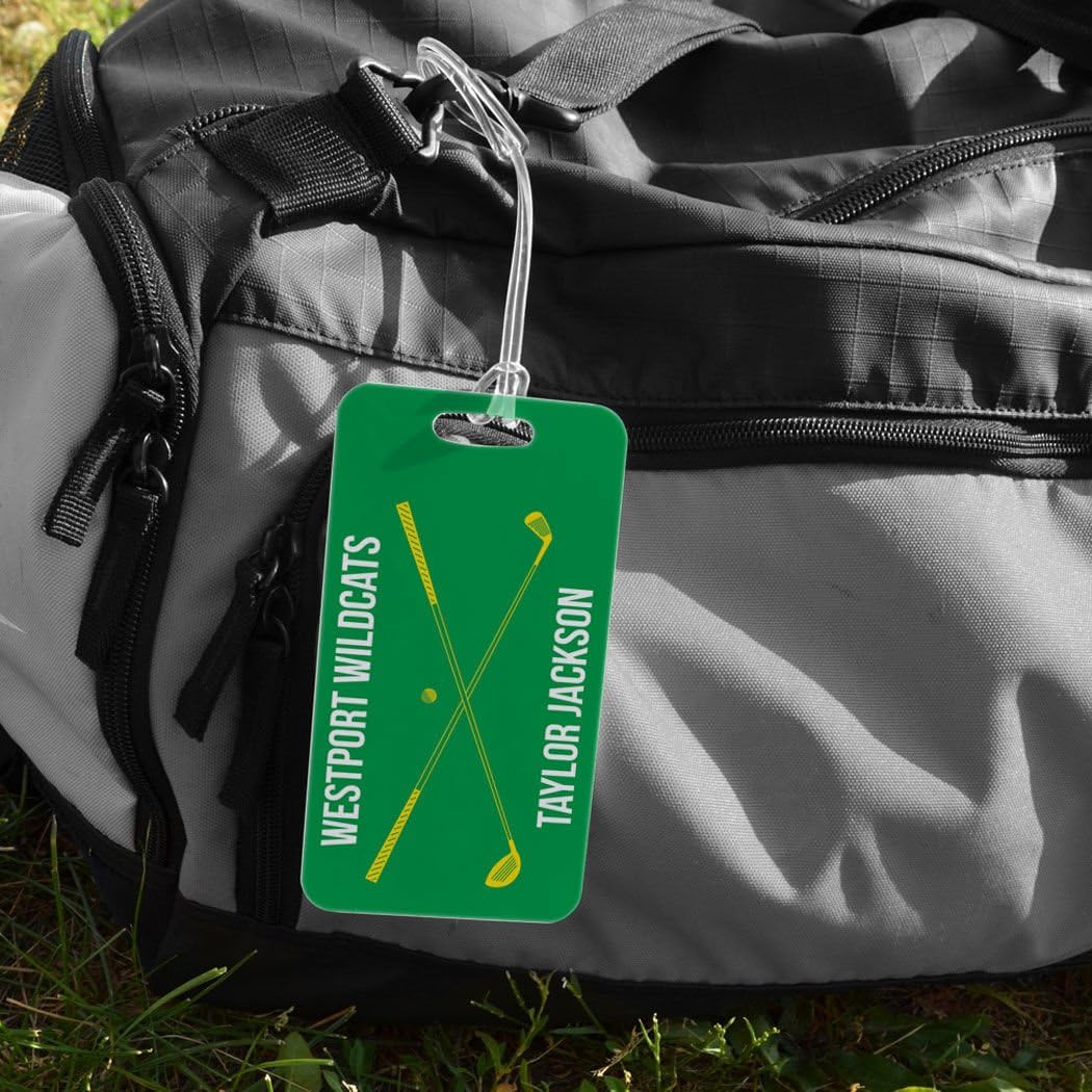 ChalkTalkSPORTS Golf Luggage & Bag Tag | Personalized Crossed Golf Clubs | Standard Lines on Back | Large | Green/Yellow