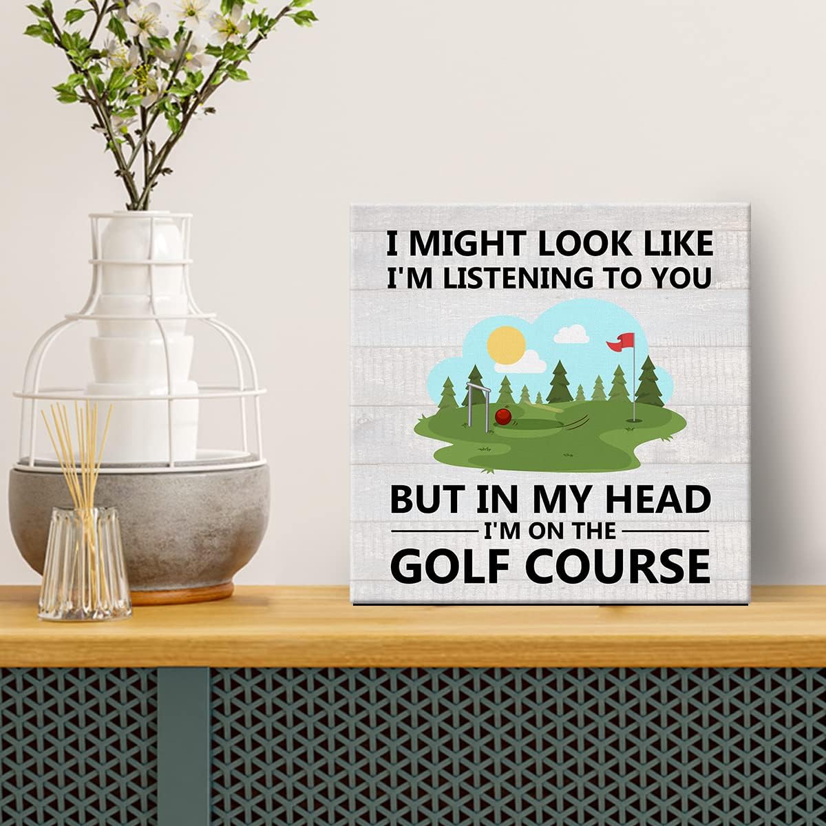 I'm on the Golf Course Canvas Prints Wall Art Decor Desk Sign Golfing Poster Painting Framed Artwork 8 x 8 Inch Rustic Home Office Shelf Wall Decoration Gift for Golf Lover