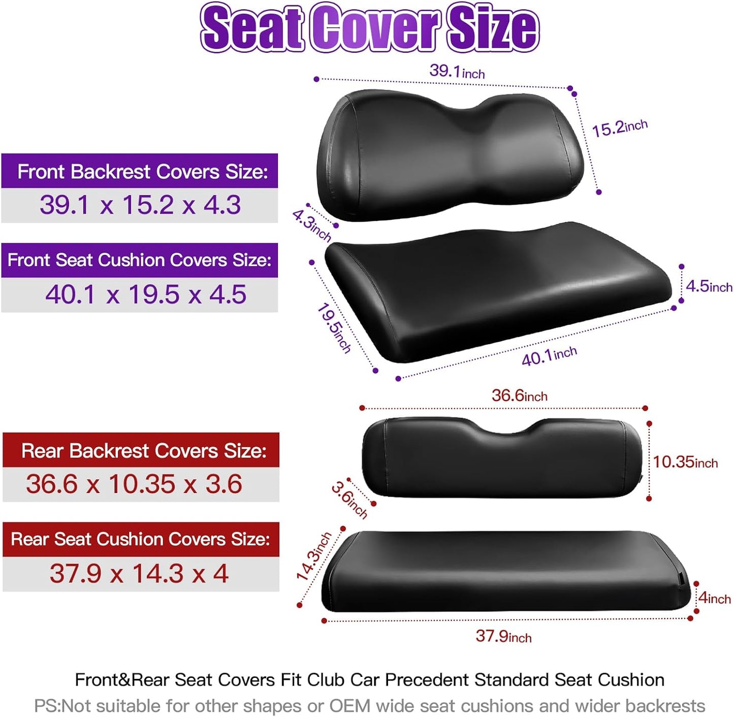 4PCS Golf Cart Seat Covers Kit,Front and Rear Seat Cover for Club Car Precedent Standard Cushion,Smooth and Simple Style, Waterproof Replacement Seat Cover(Black)