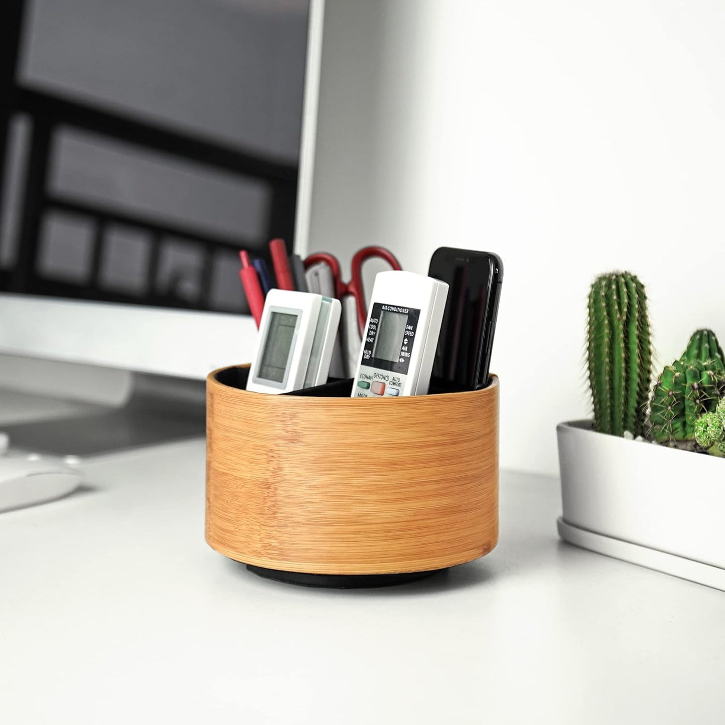 Hennaja Round Leather Art Supply Organizer,Remote Control Holder,360 Degree Spinning,Multi-Functional Pencil Holder,4 Compartments Desktop Stationary Organizer(1-Beige2)