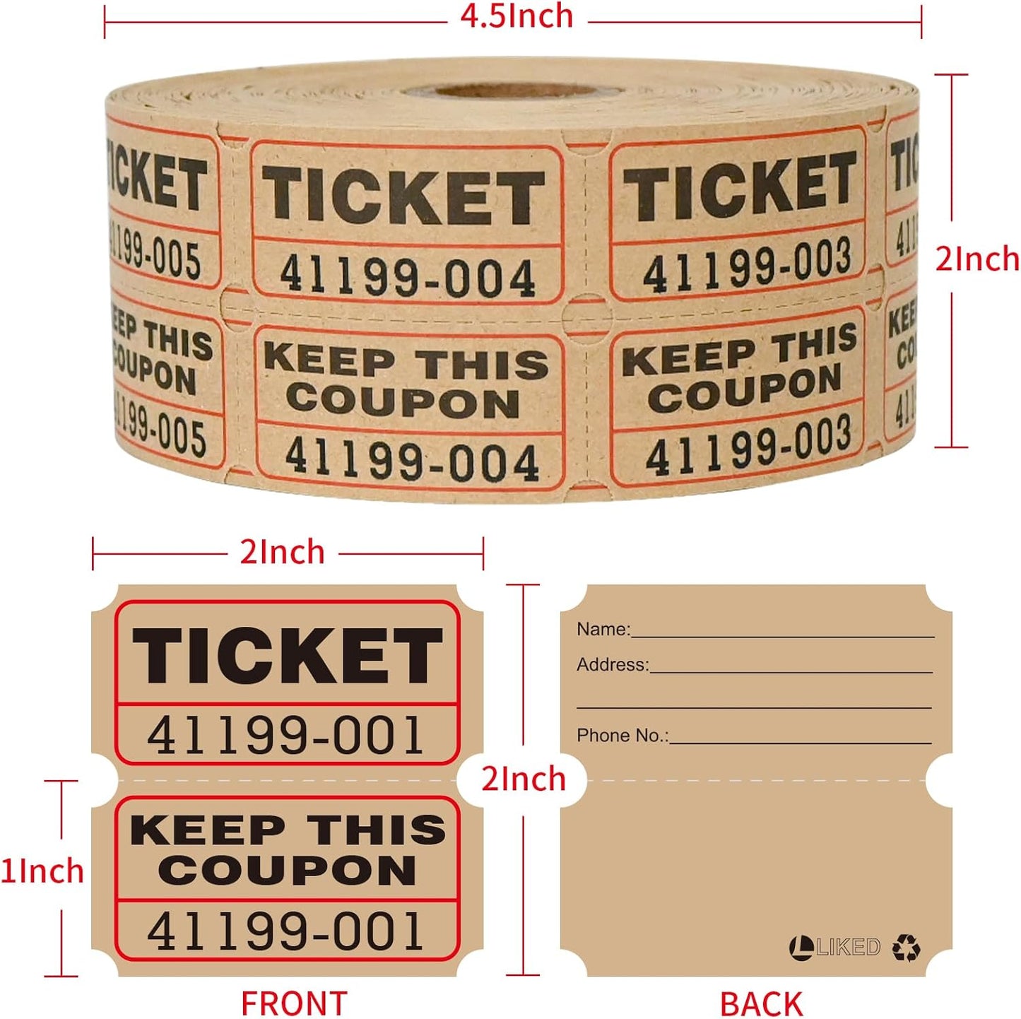 L LIKED Raffle Tickets Double Rolls 1000 per Roll 50/50 Raffle Tickets for Events, Entry, Class Reward, Prizes (Kraft)